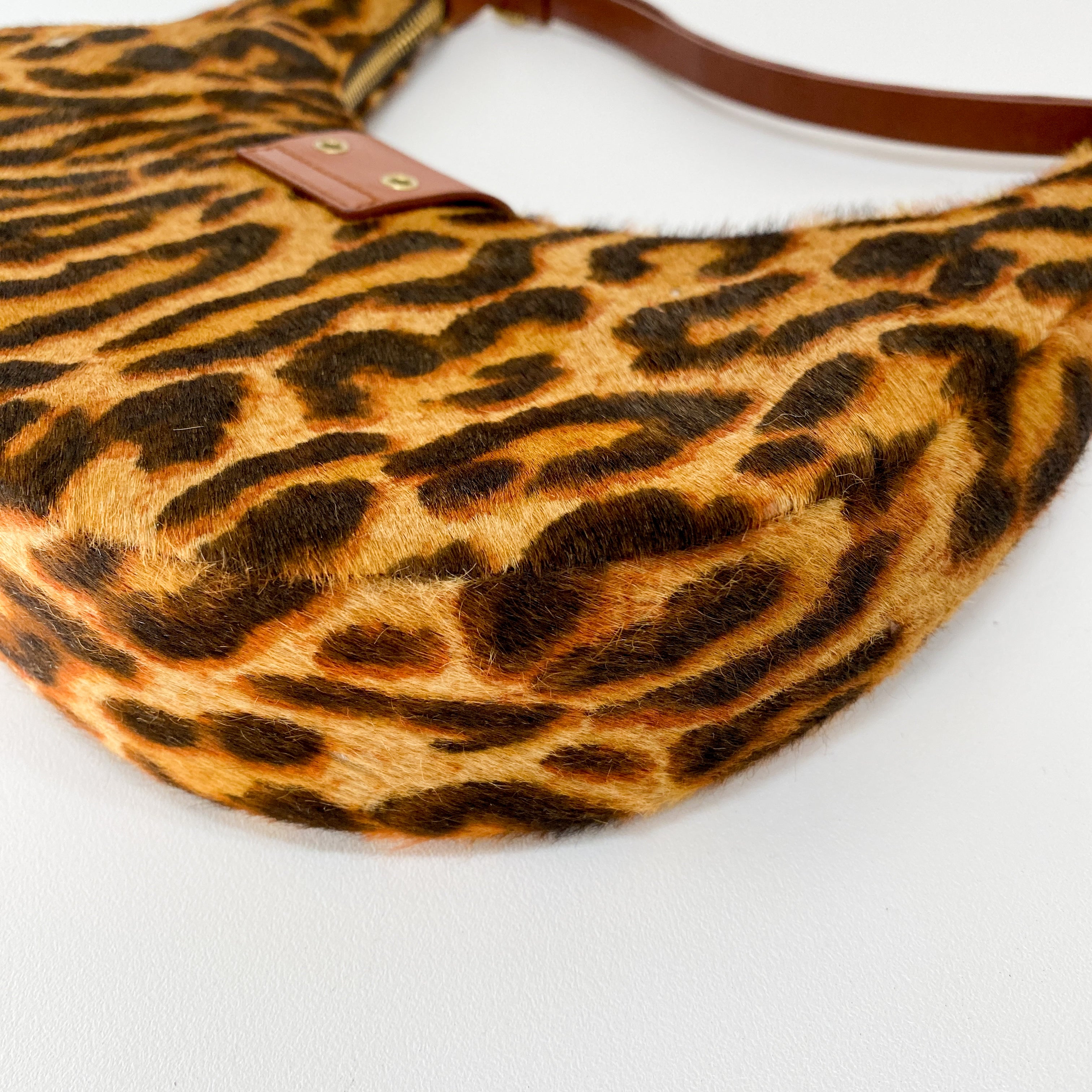 Half Moon Leopard Print Pony Hair Shoulder Bag