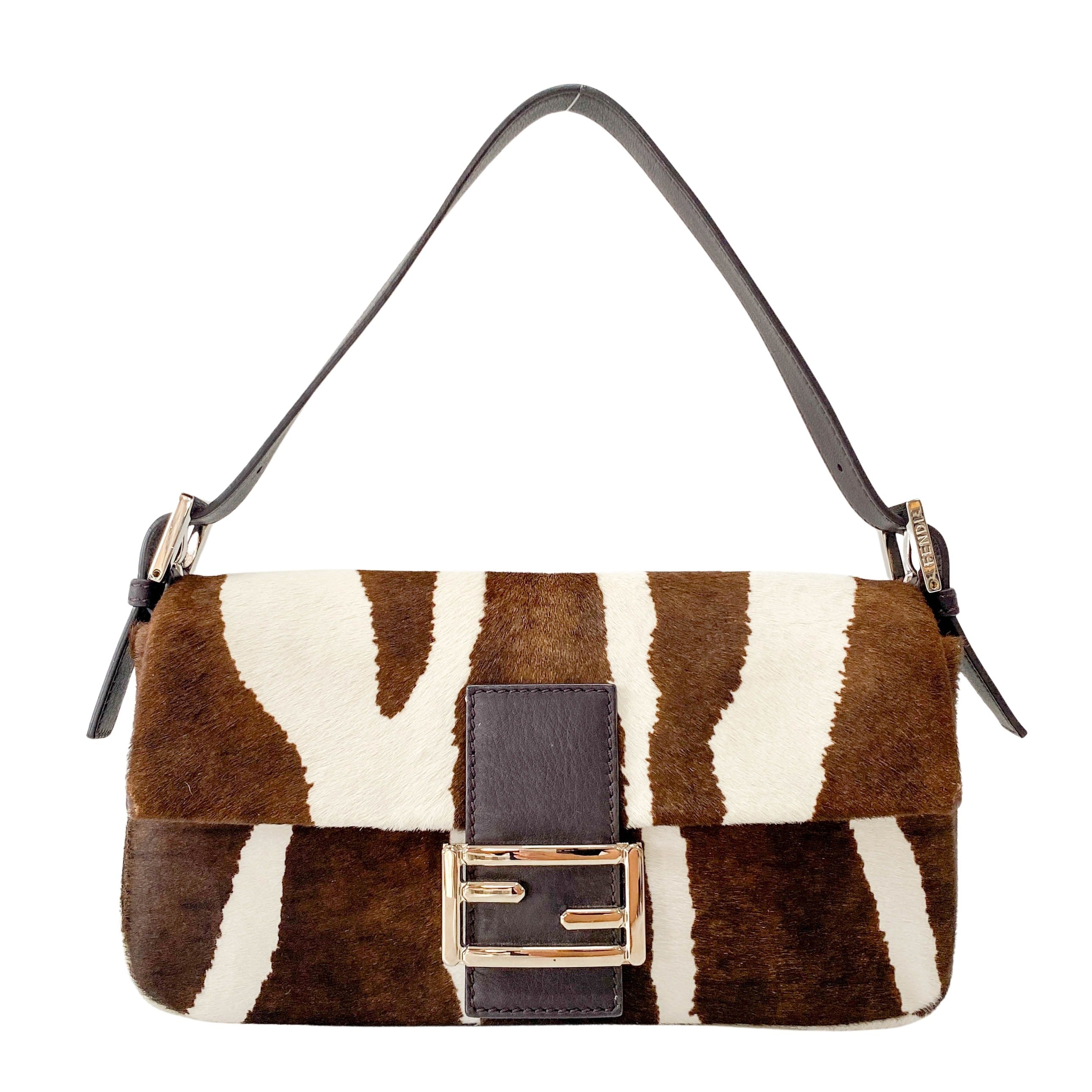 Baguette Brown & White Pony Hair Animal Print Shoulder Bag