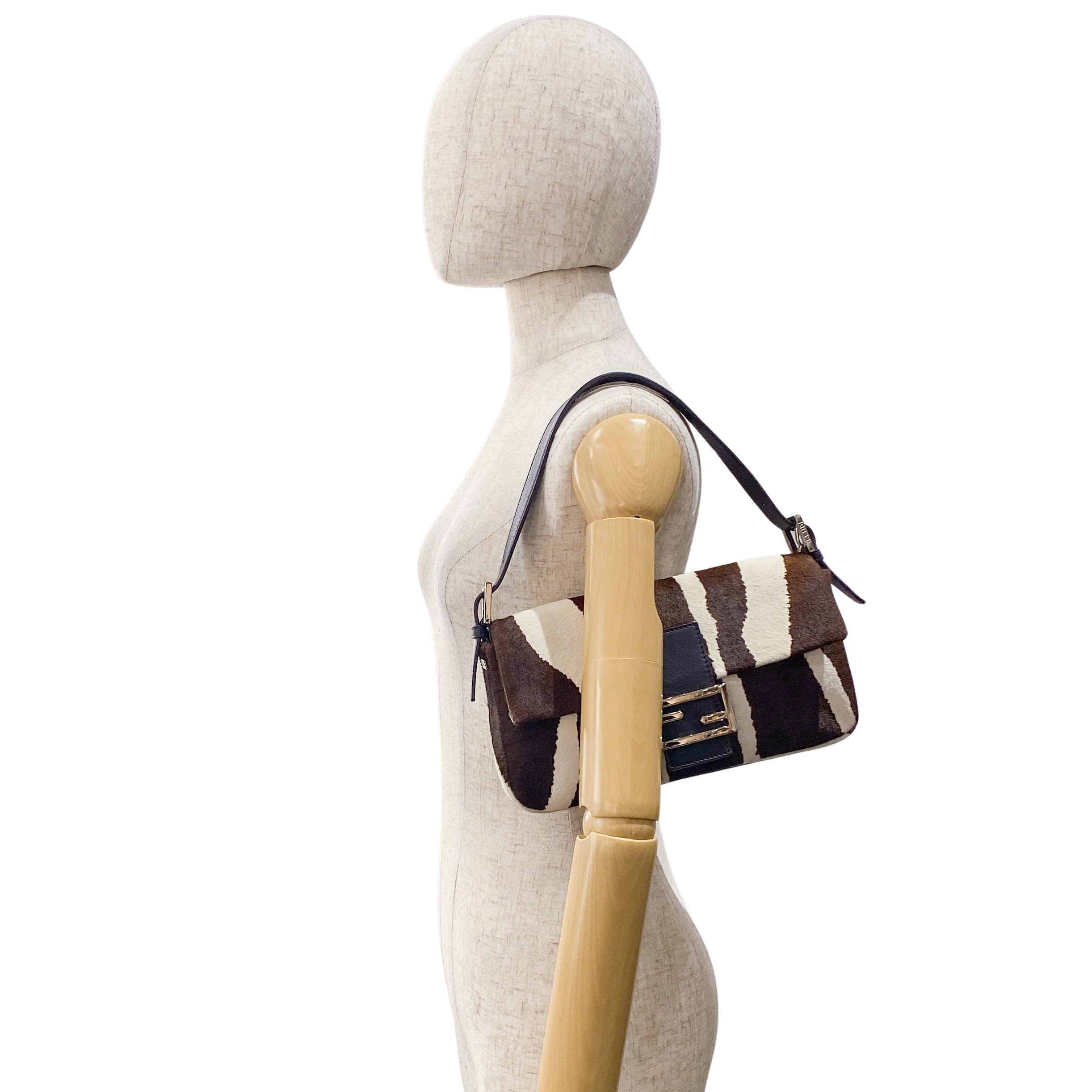 Baguette Brown & White Pony Hair Animal Print Shoulder Bag