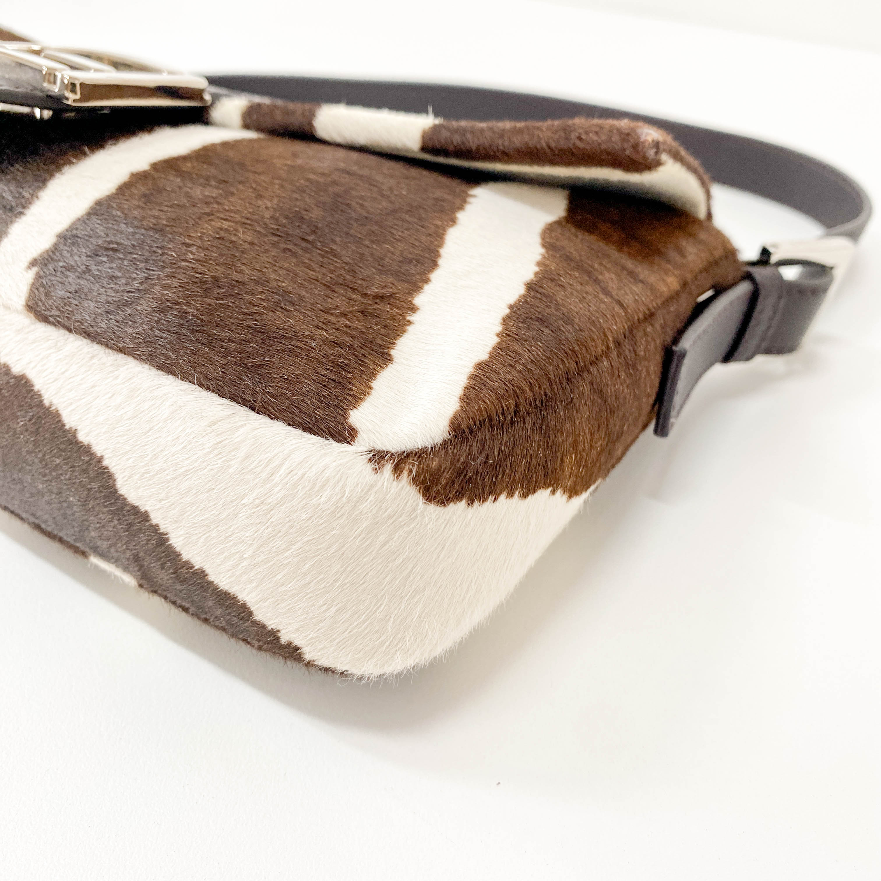 Baguette Brown & White Pony Hair Animal Print Shoulder Bag