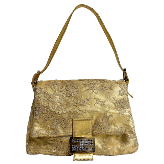 Mamma Baguette Gold Leather Flower Embroidered Shoulder Bag