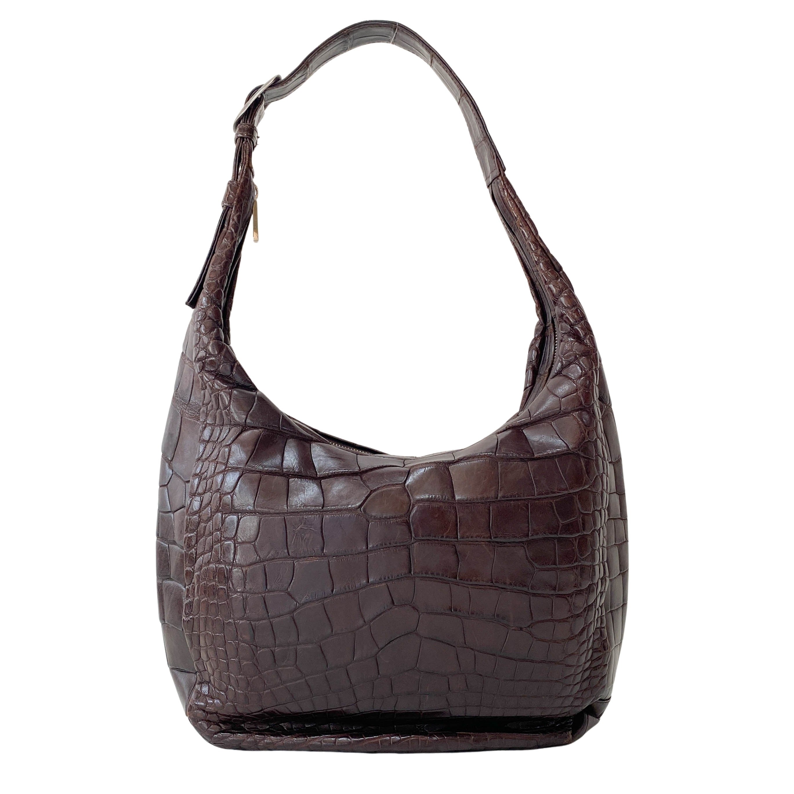Croc Embossed Brown Leather Hobo Shoulder Bag