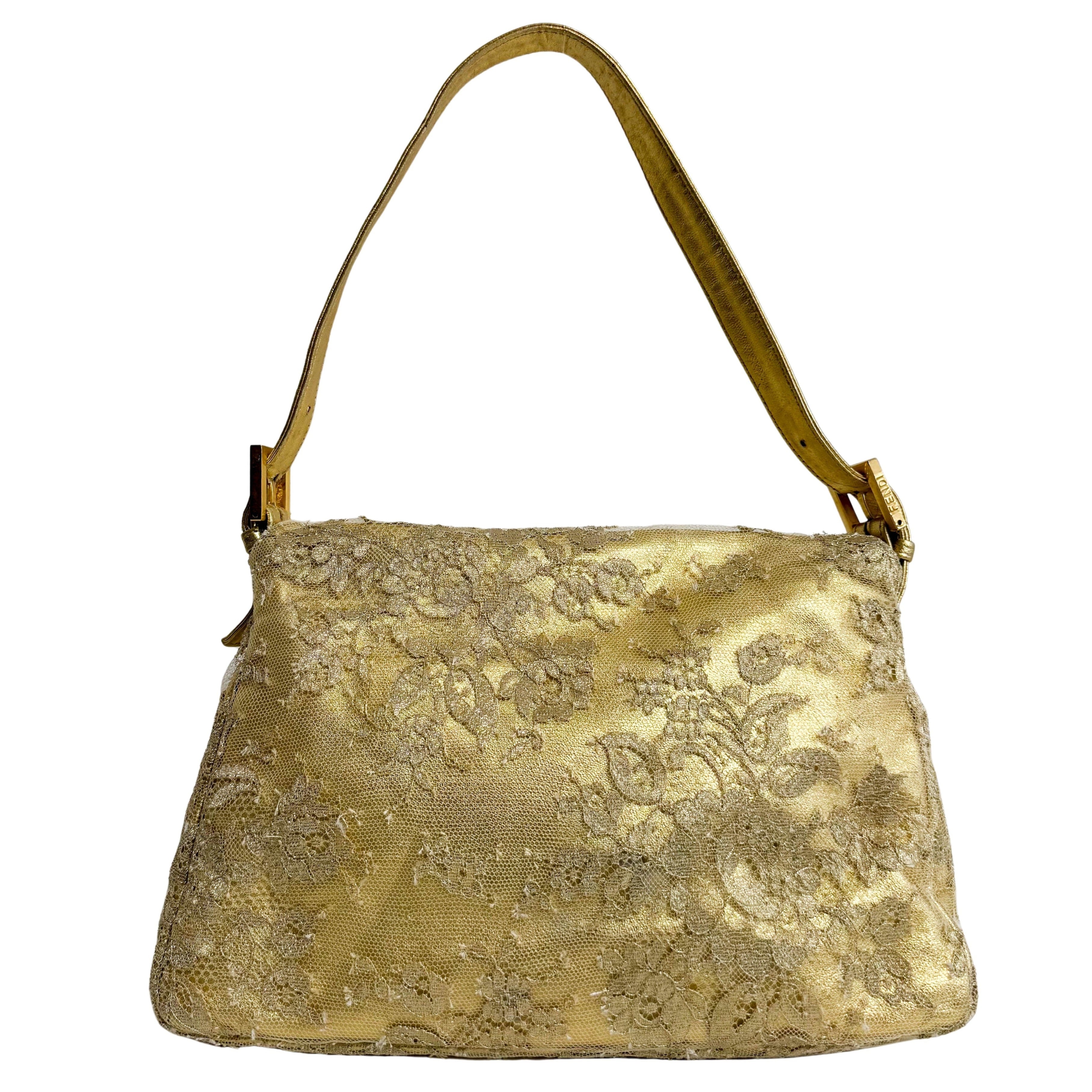 Mamma Baguette Gold Leather Flower Embroidered Shoulder Bag