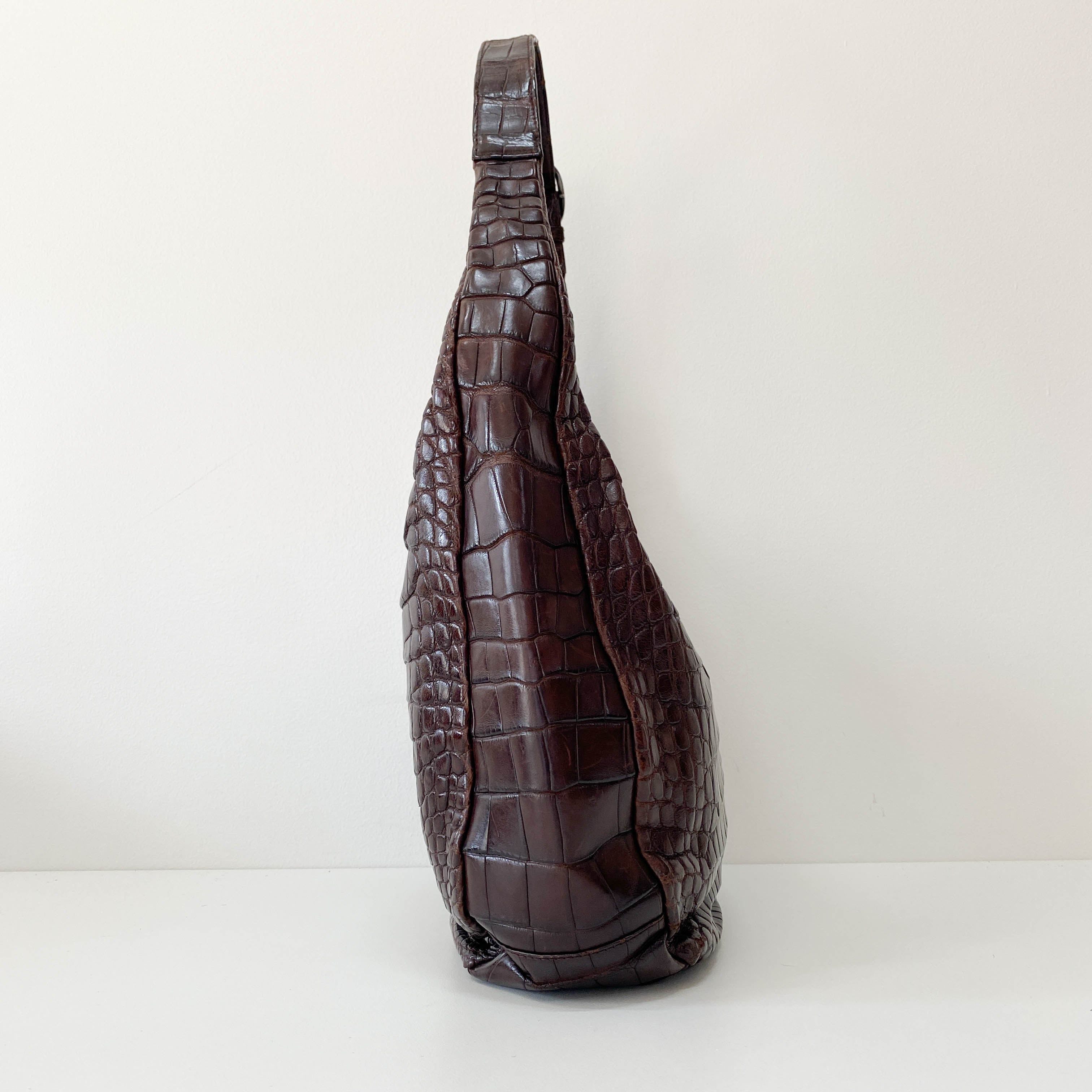 Croc Embossed Brown Leather Hobo Shoulder Bag