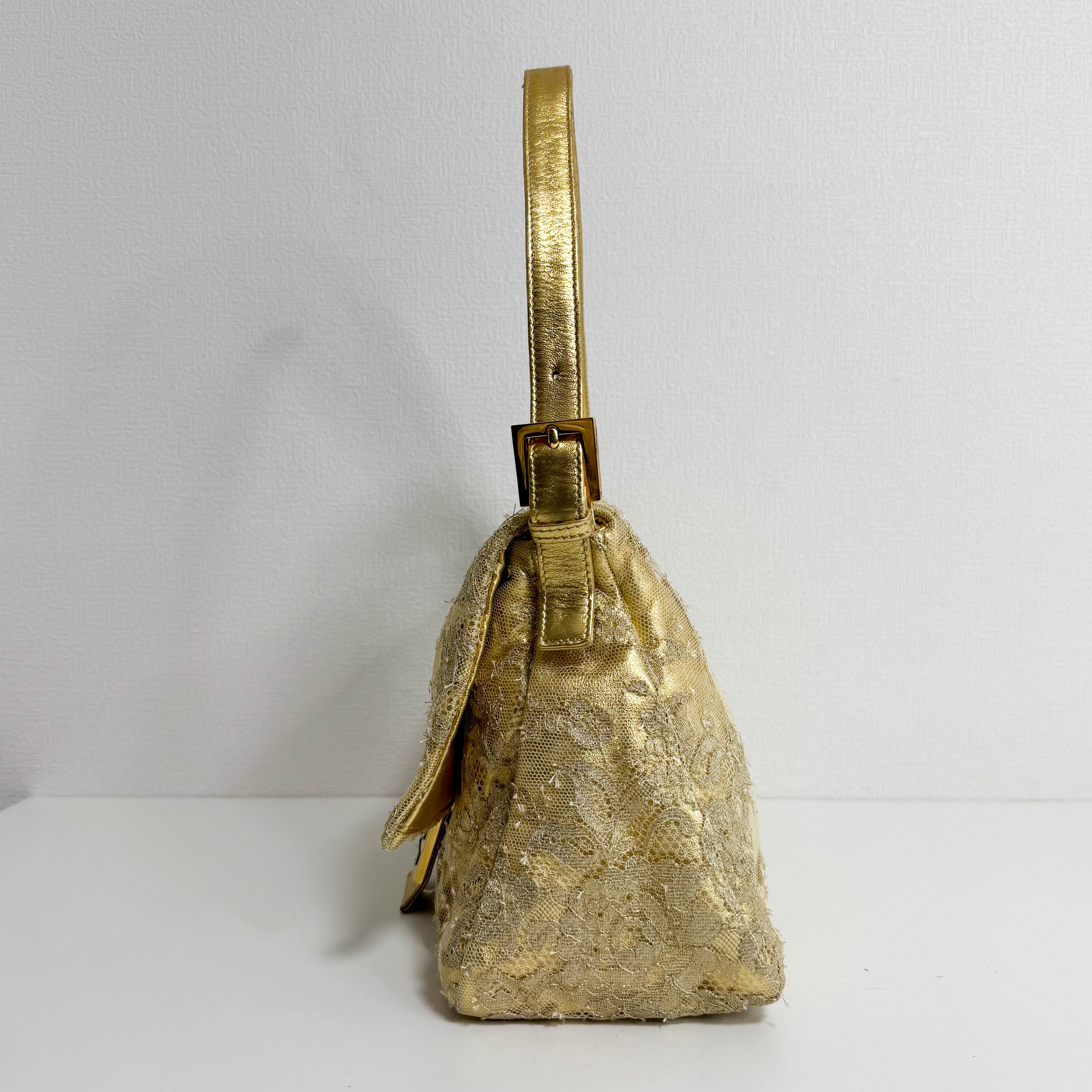 Mamma Baguette Gold Leather Flower Embroidered Shoulder Bag