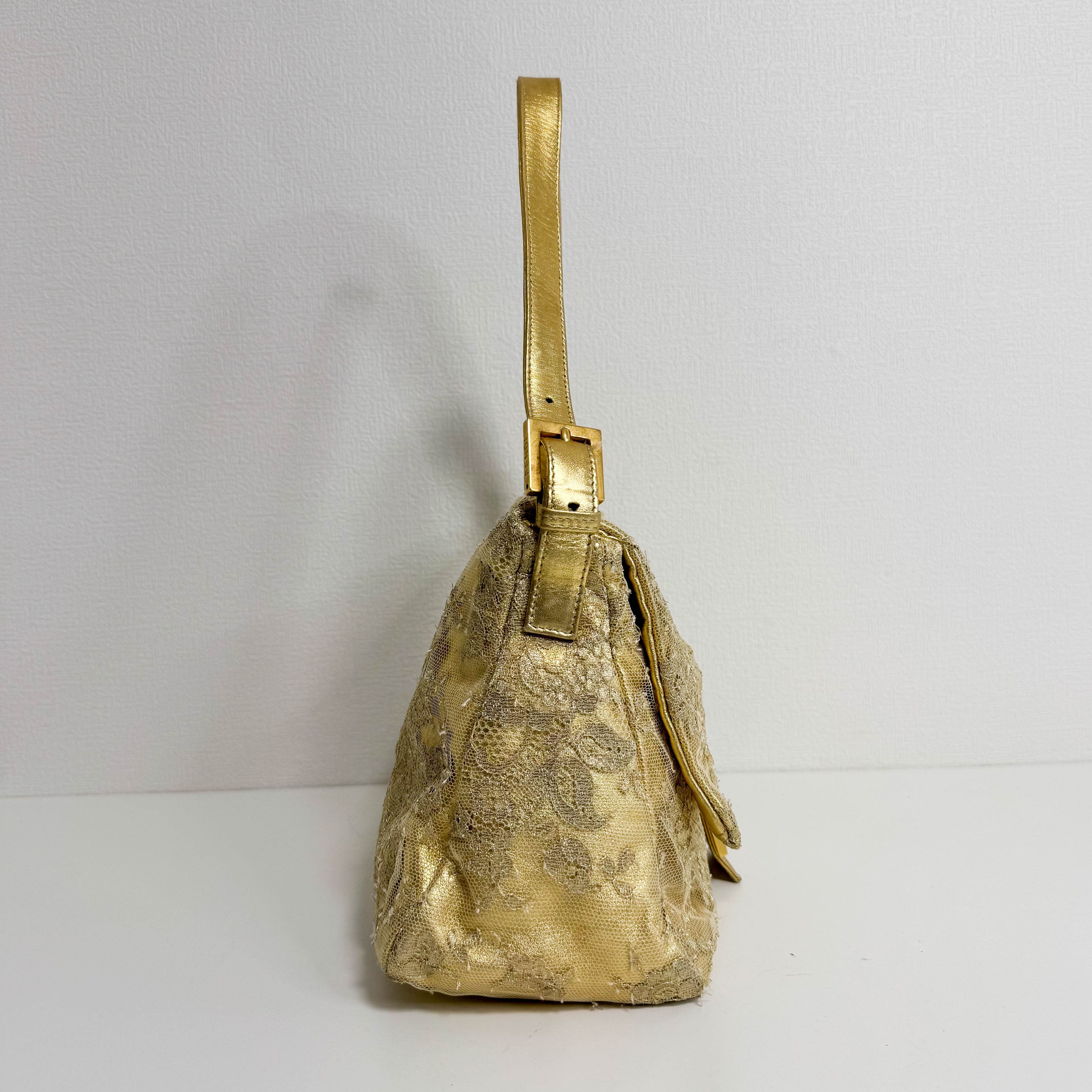 Mamma Baguette Gold Leather Flower Embroidered Shoulder Bag