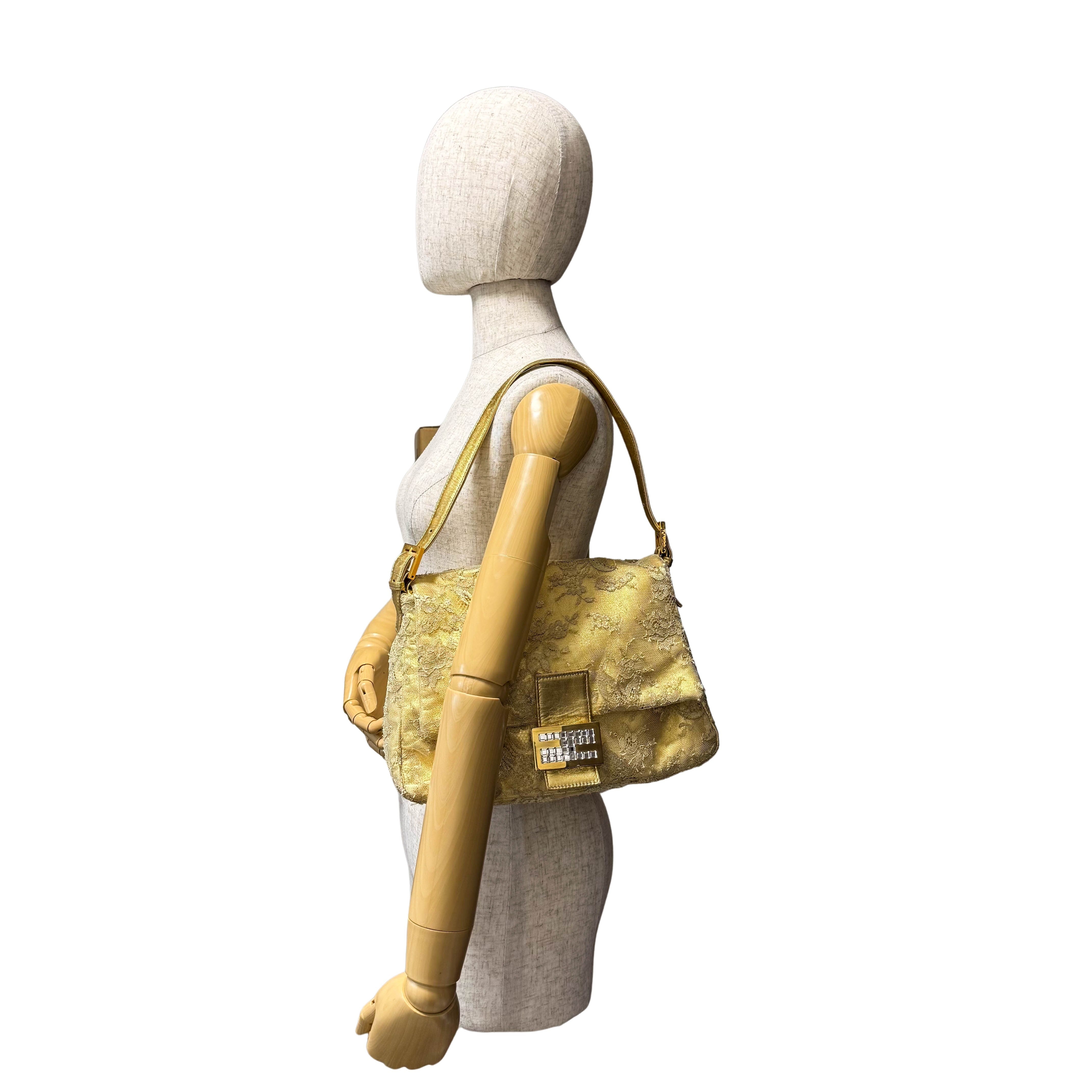 Mamma Baguette Gold Leather Flower Embroidered Shoulder Bag