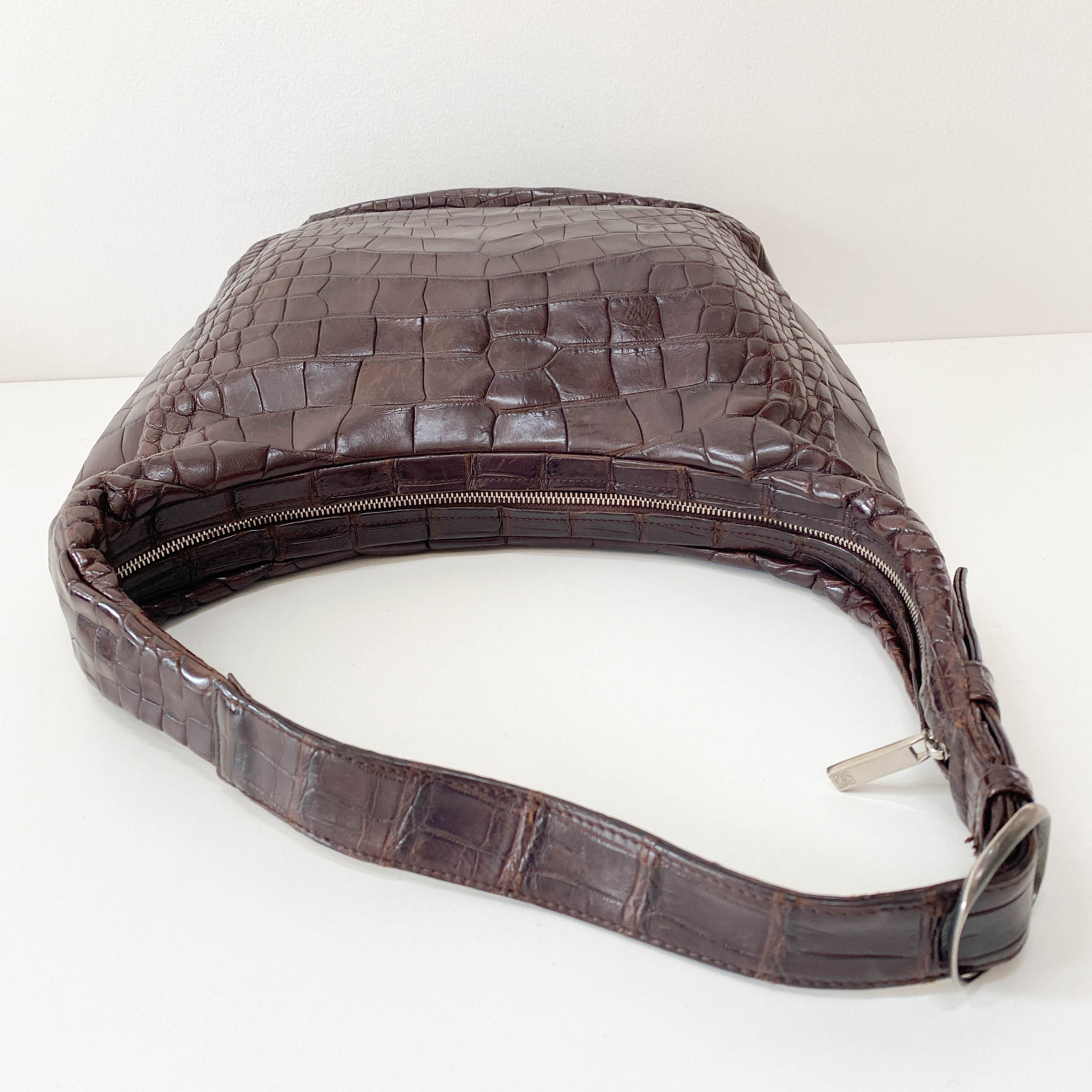 Croc Embossed Brown Leather Hobo Shoulder Bag