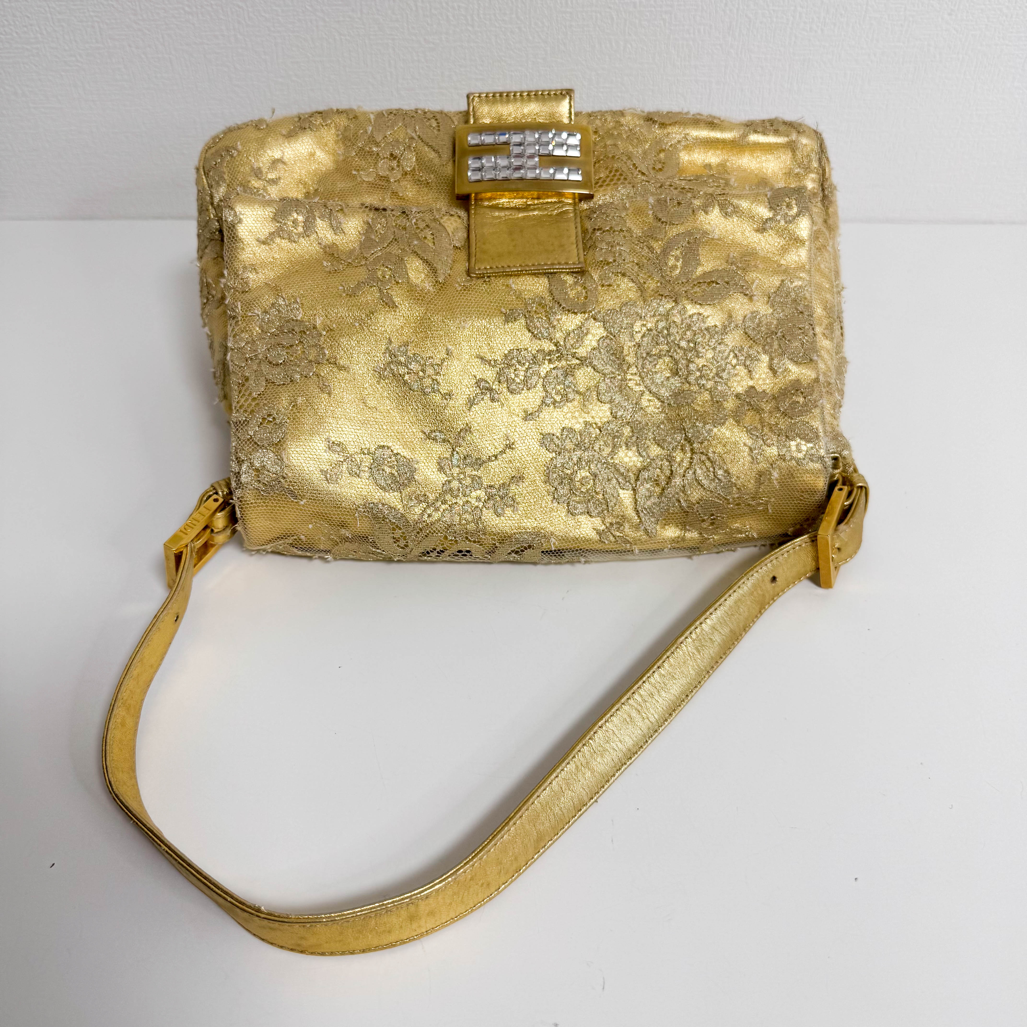 Mamma Baguette Gold Leather Flower Embroidered Shoulder Bag