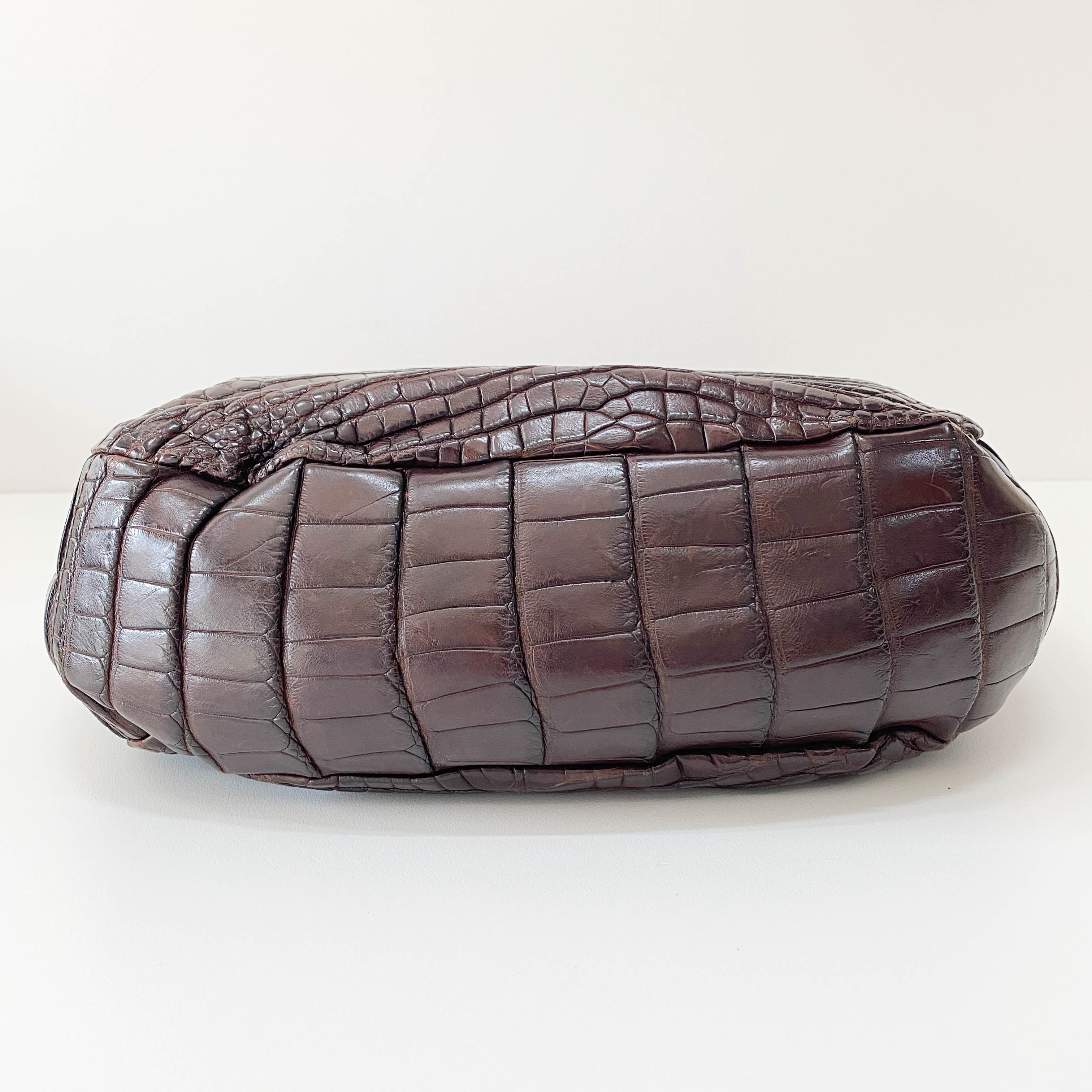 Croc Embossed Brown Leather Hobo Shoulder Bag