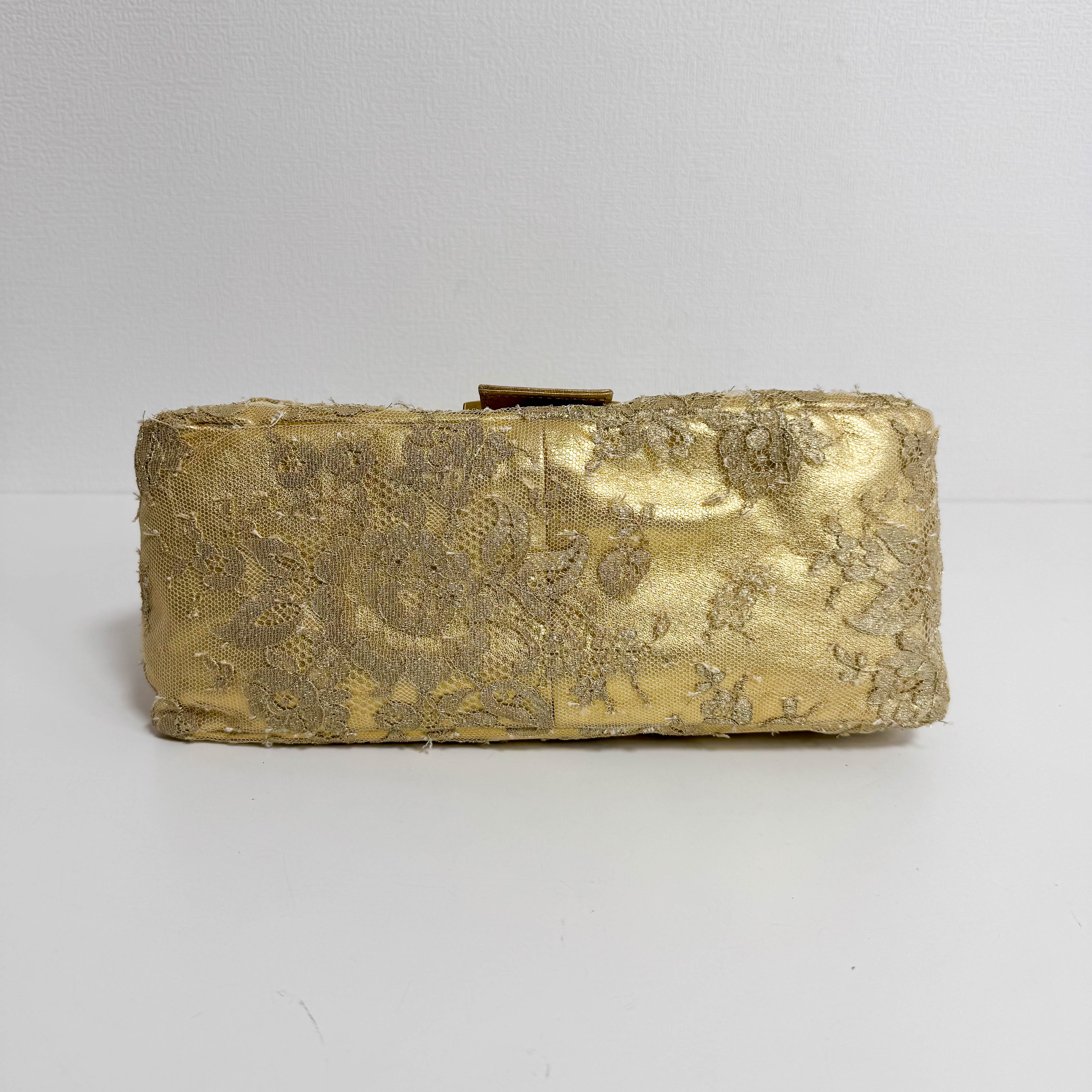 Mamma Baguette Gold Leather Flower Embroidered Shoulder Bag