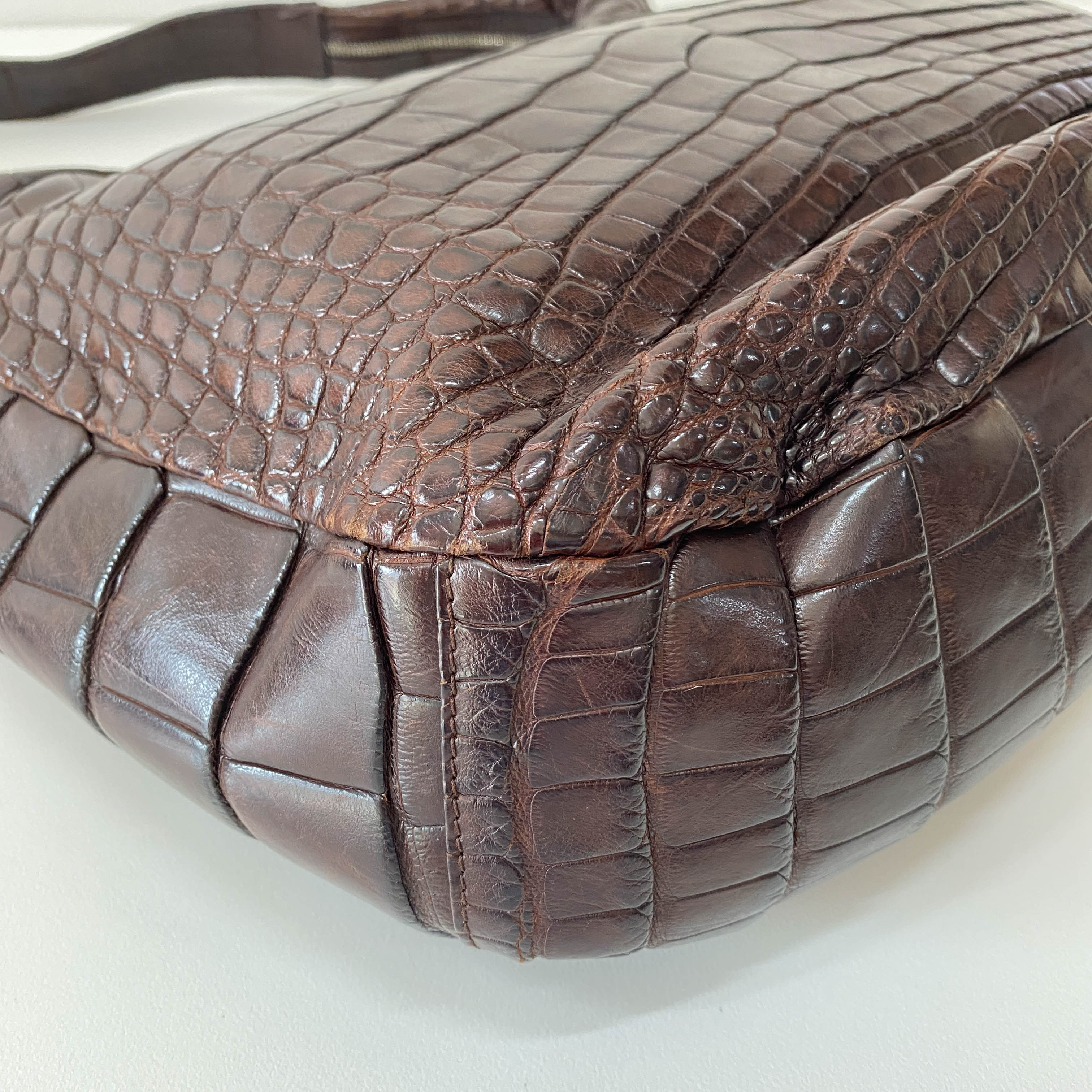 Croc Embossed Brown Leather Hobo Shoulder Bag