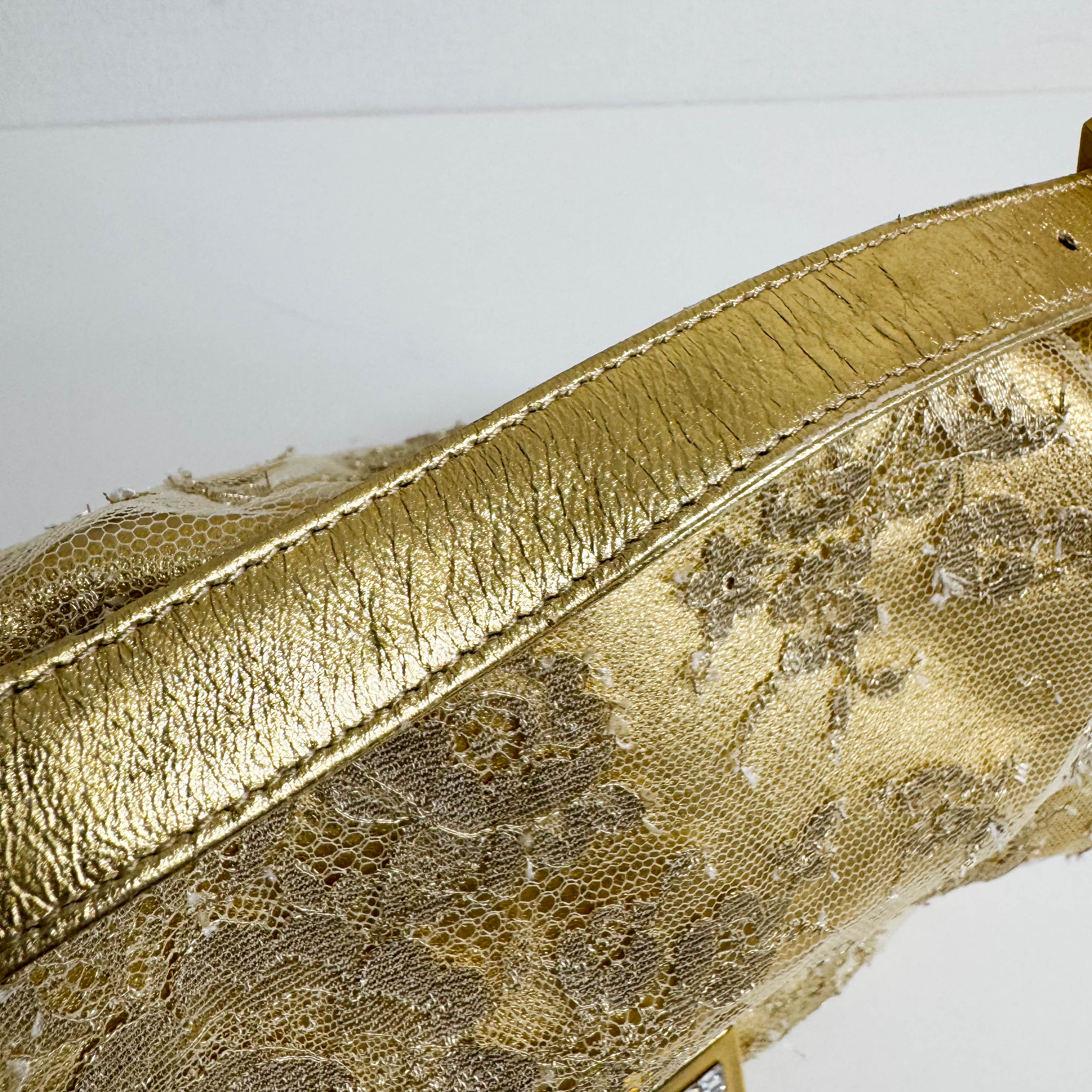 Mamma Baguette Gold Leather Flower Embroidered Shoulder Bag