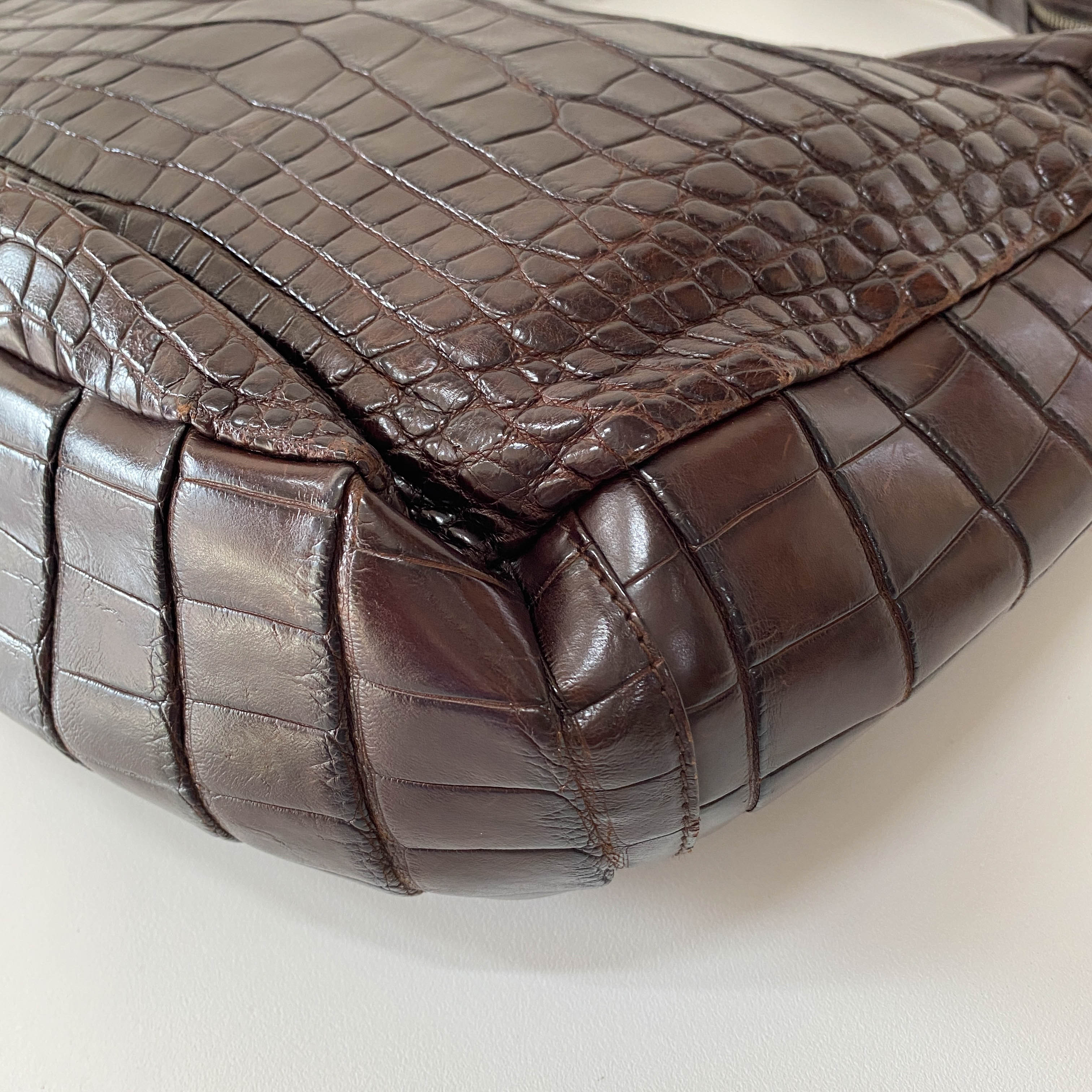 Croc Embossed Brown Leather Hobo Shoulder Bag