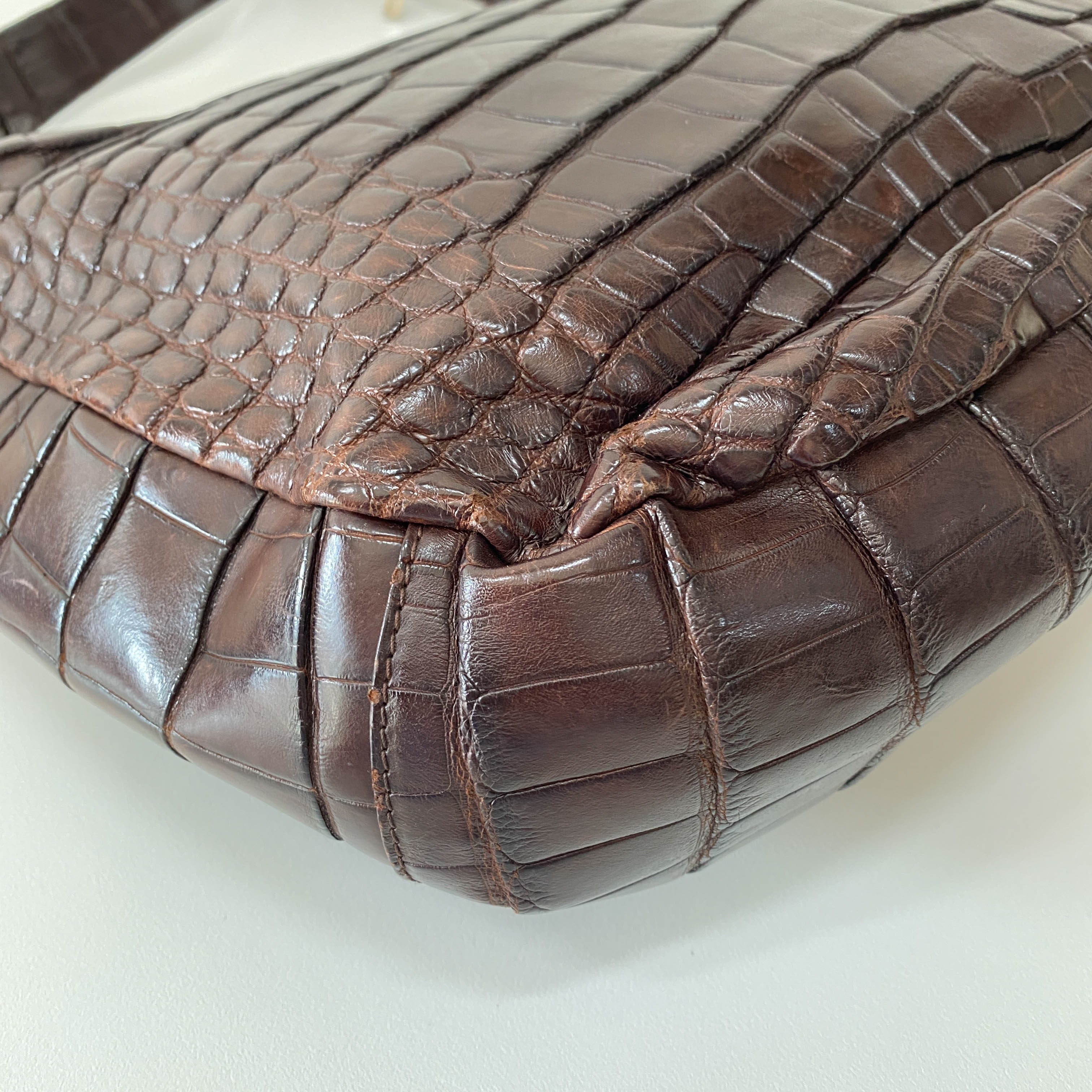 Croc Embossed Brown Leather Hobo Shoulder Bag