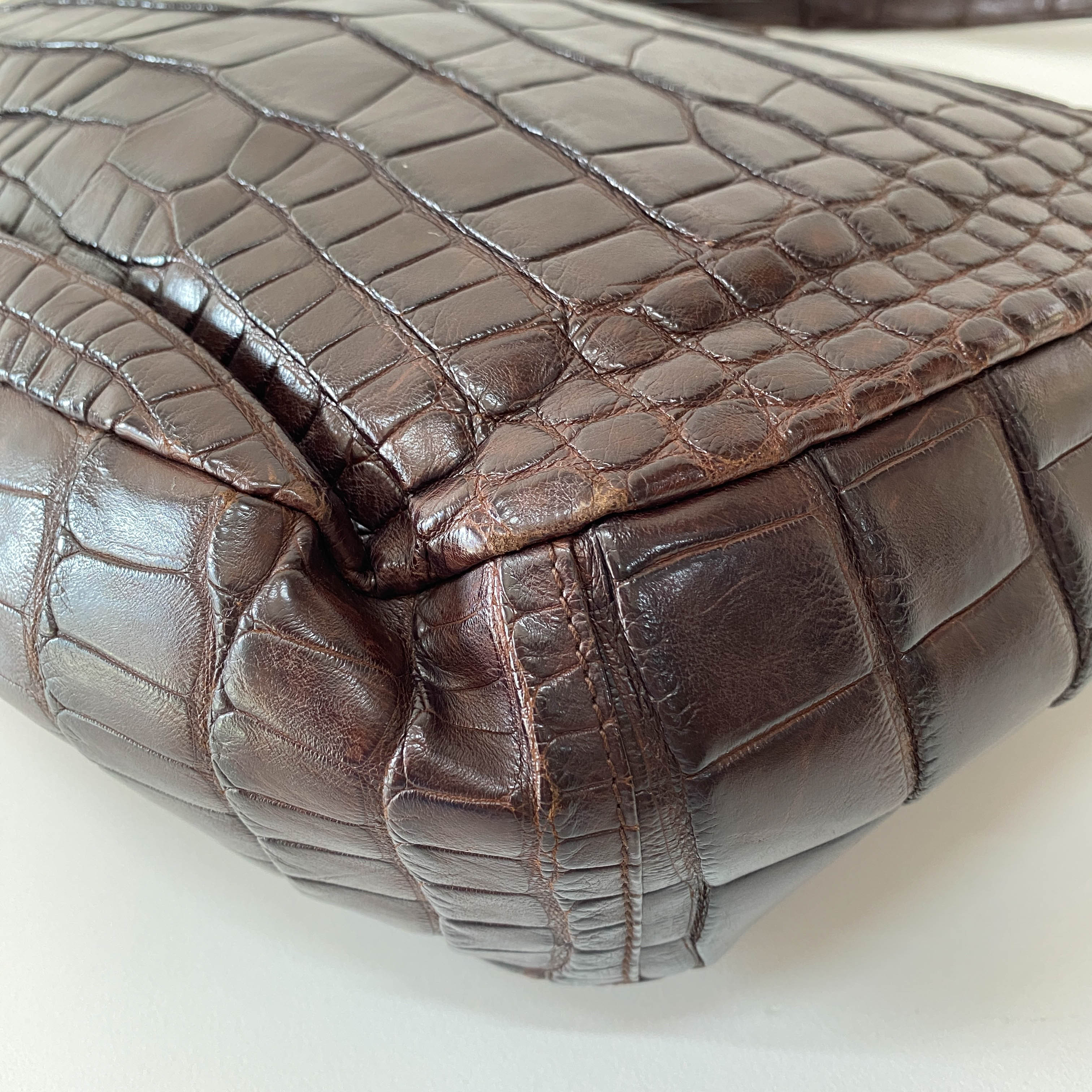 Croc Embossed Brown Leather Hobo Shoulder Bag