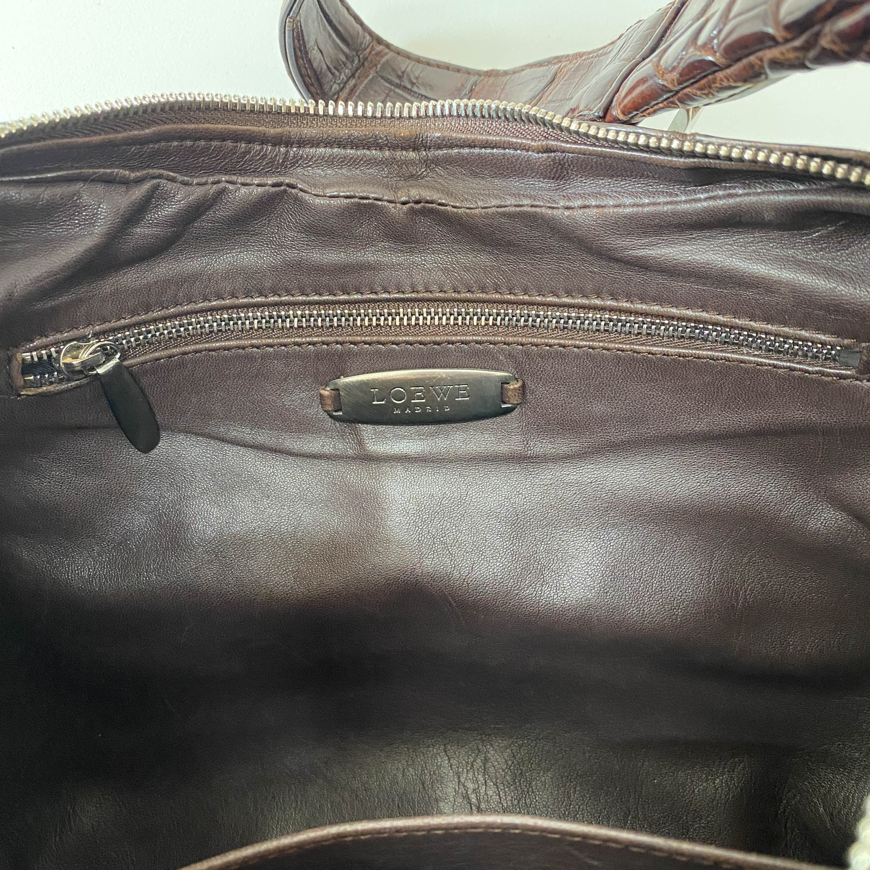 Croc Embossed Brown Leather Hobo Shoulder Bag