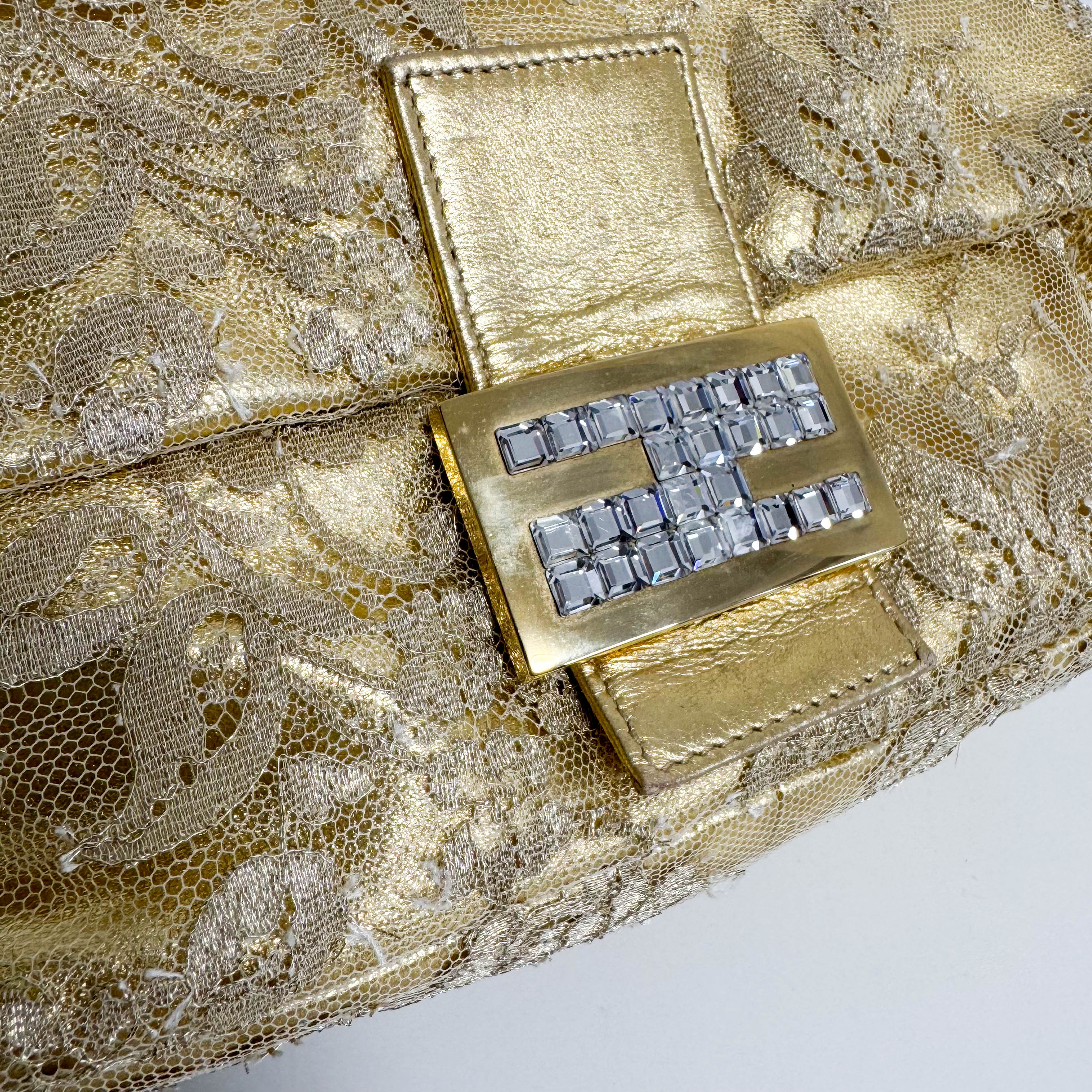 Mamma Baguette Gold Leather Flower Embroidered Shoulder Bag