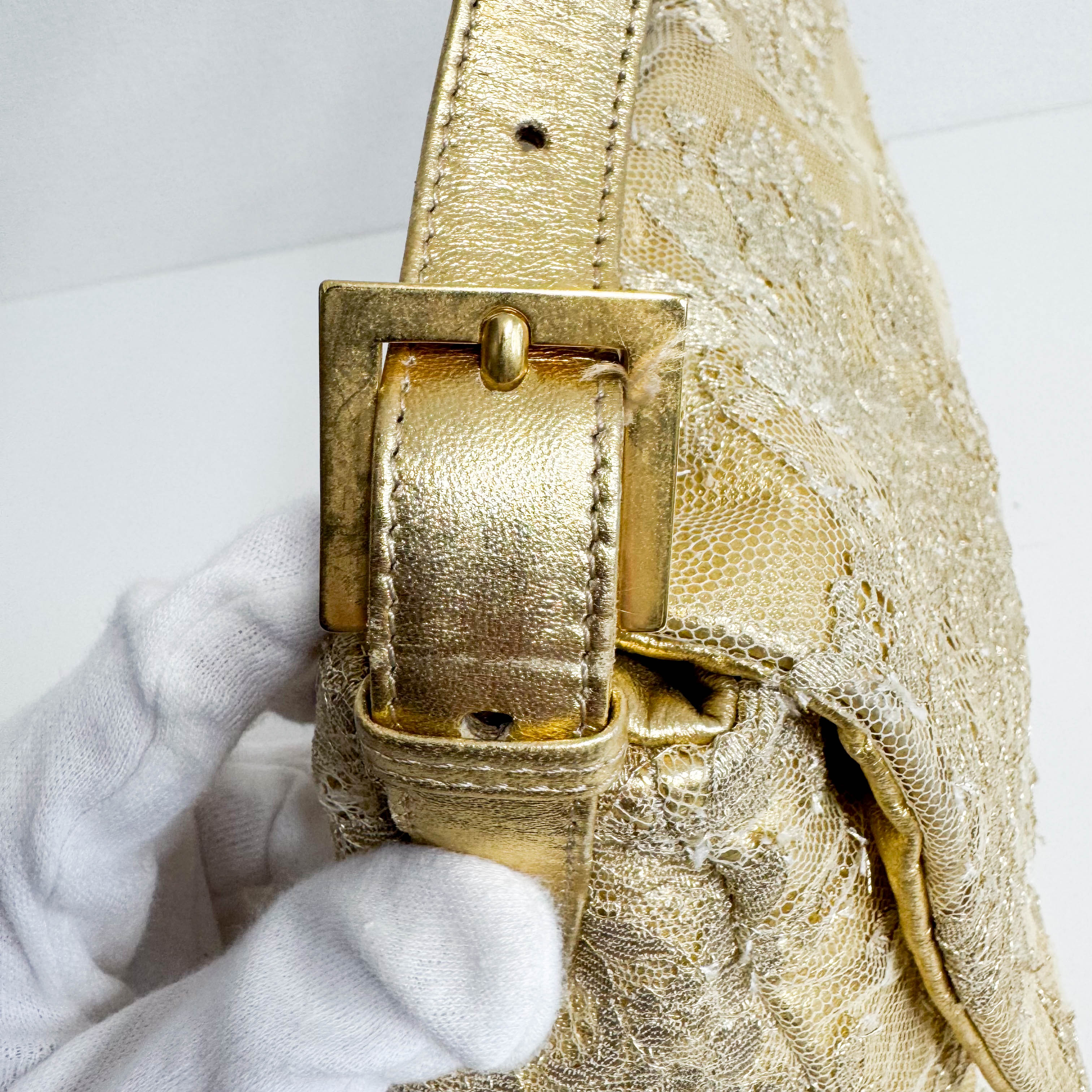 Mamma Baguette Gold Leather Flower Embroidered Shoulder Bag