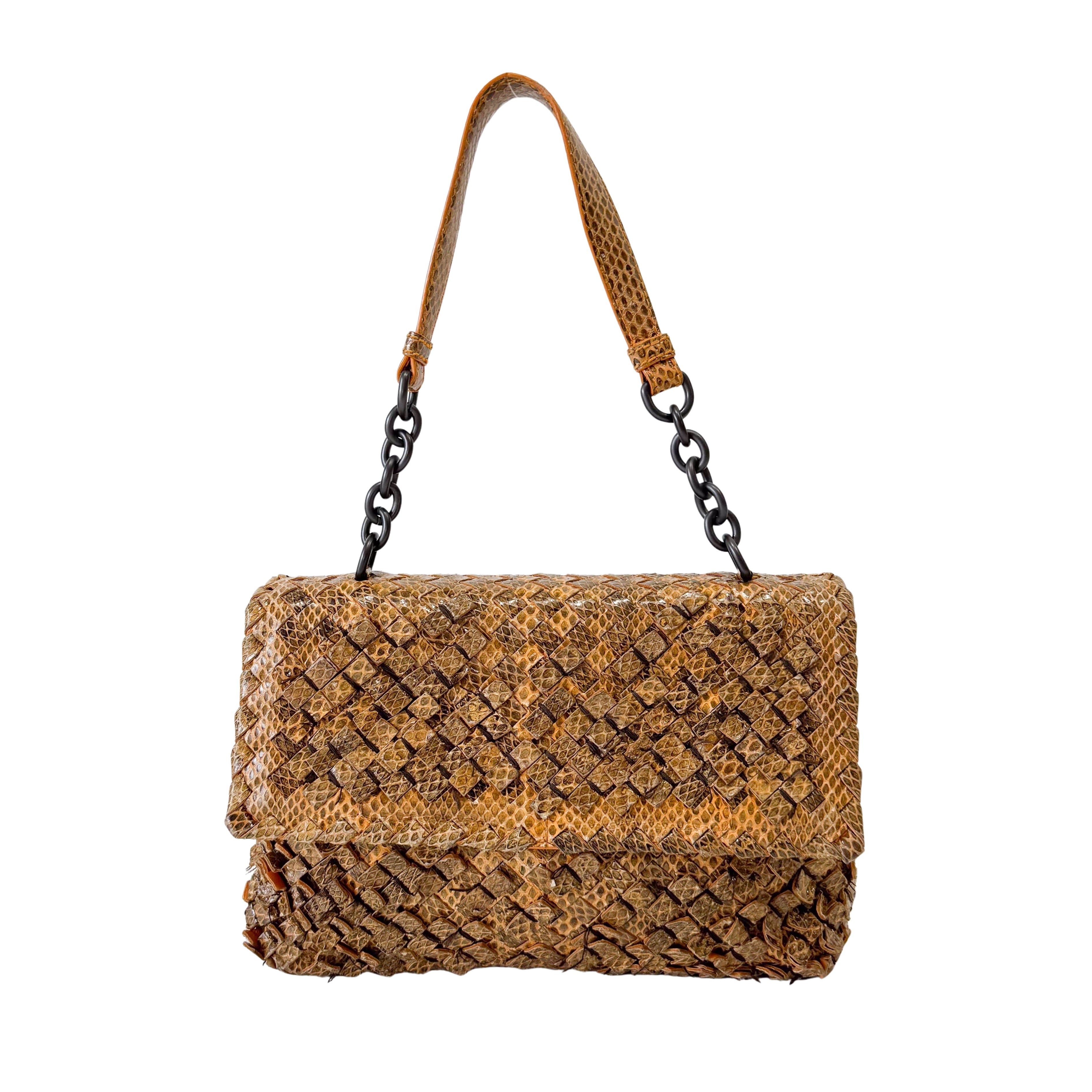 Intrecciato Yellow Lizard Leather Shoulder Bag