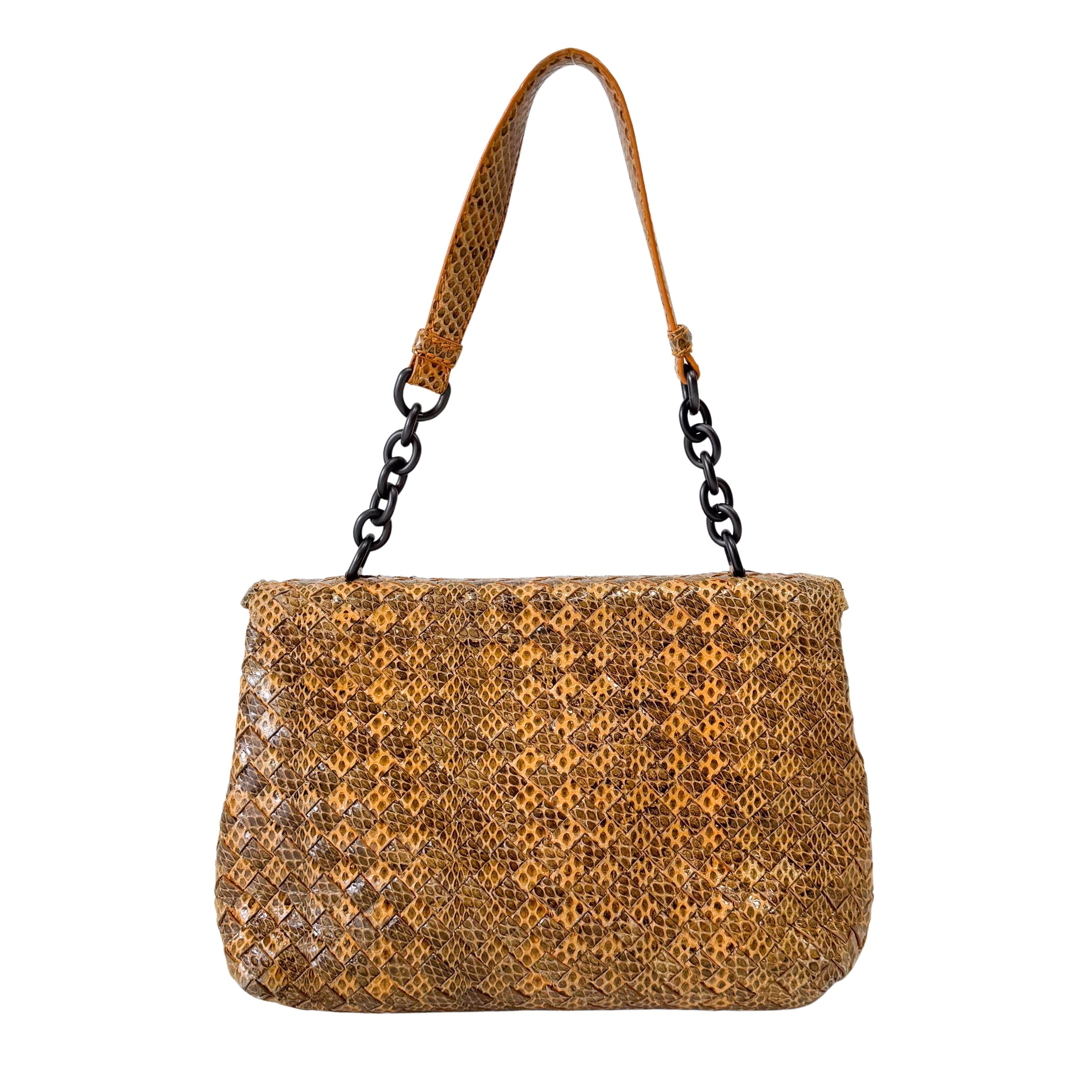 Intrecciato Yellow Lizard Leather Shoulder Bag