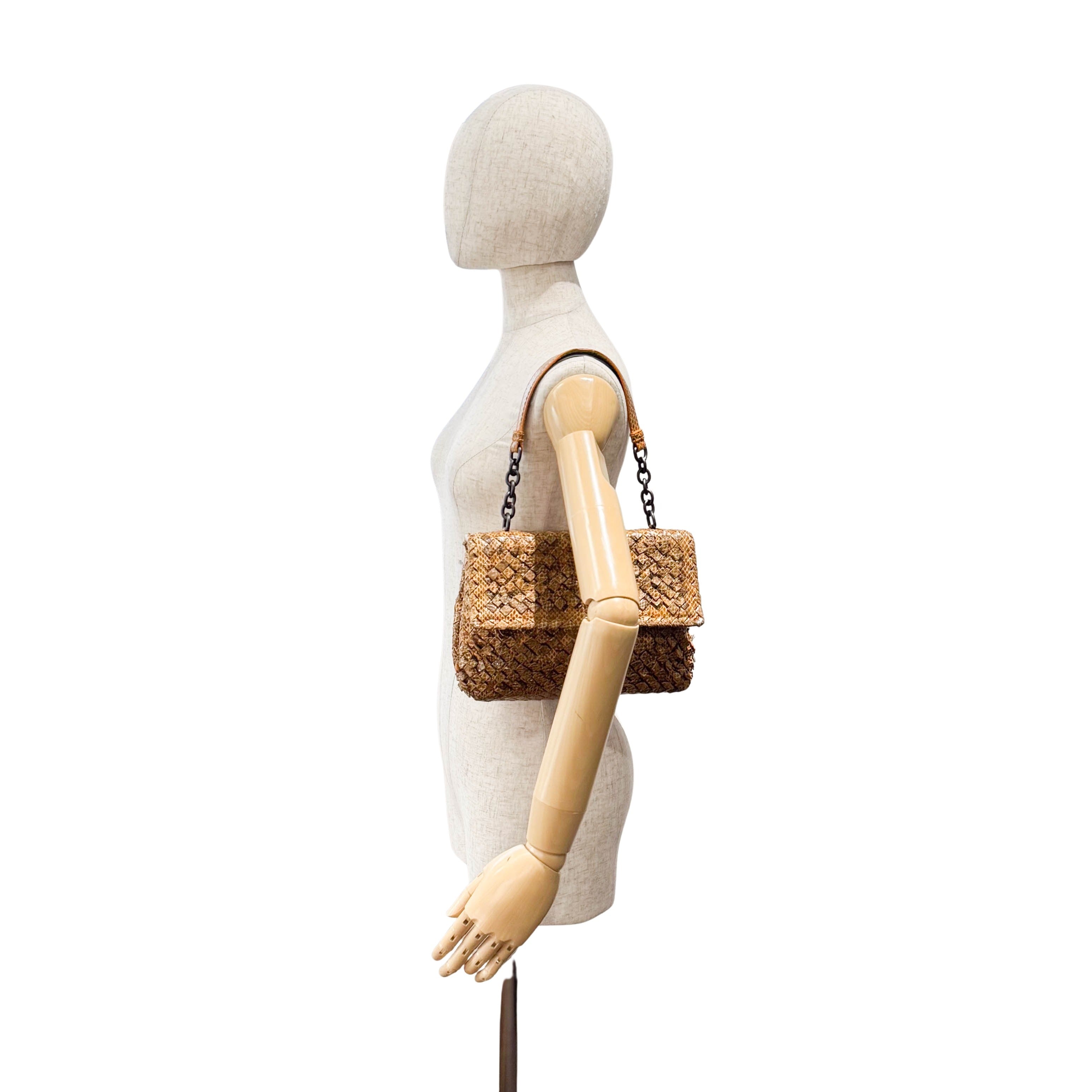 Intrecciato Yellow Lizard Leather Shoulder Bag