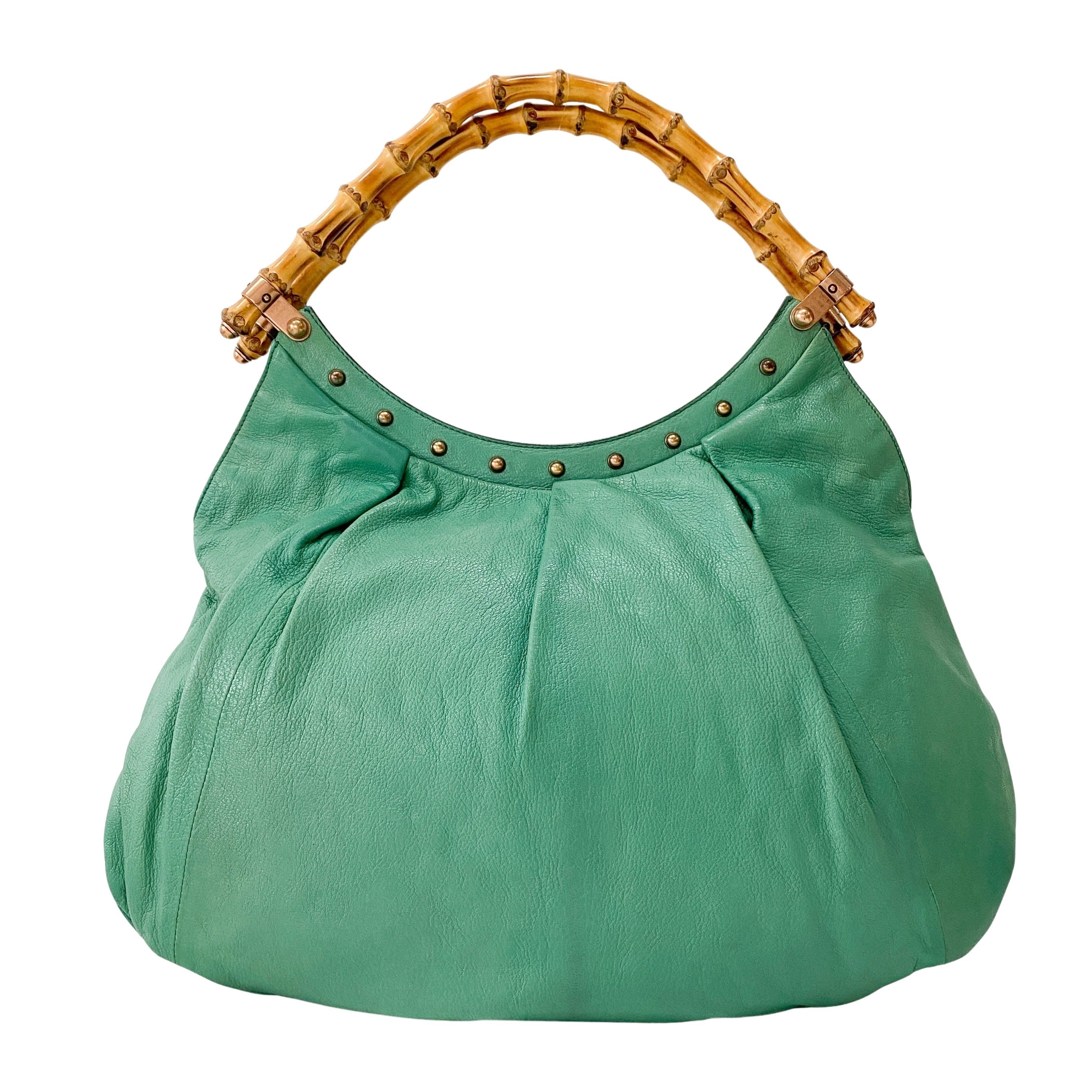 Bamboo Top Handle Green Leather Shoulder Bag