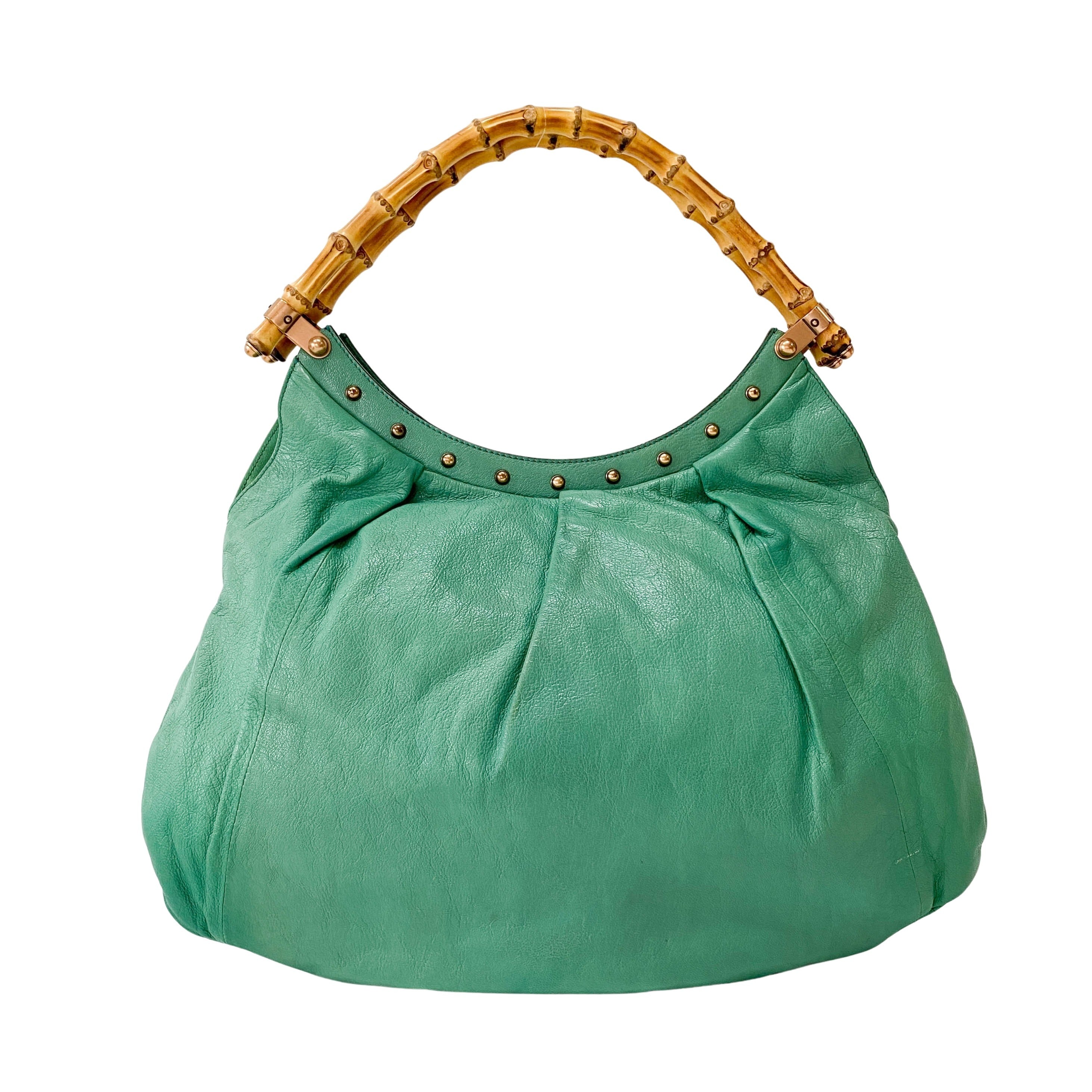 Bamboo Top Handle Green Leather Shoulder Bag