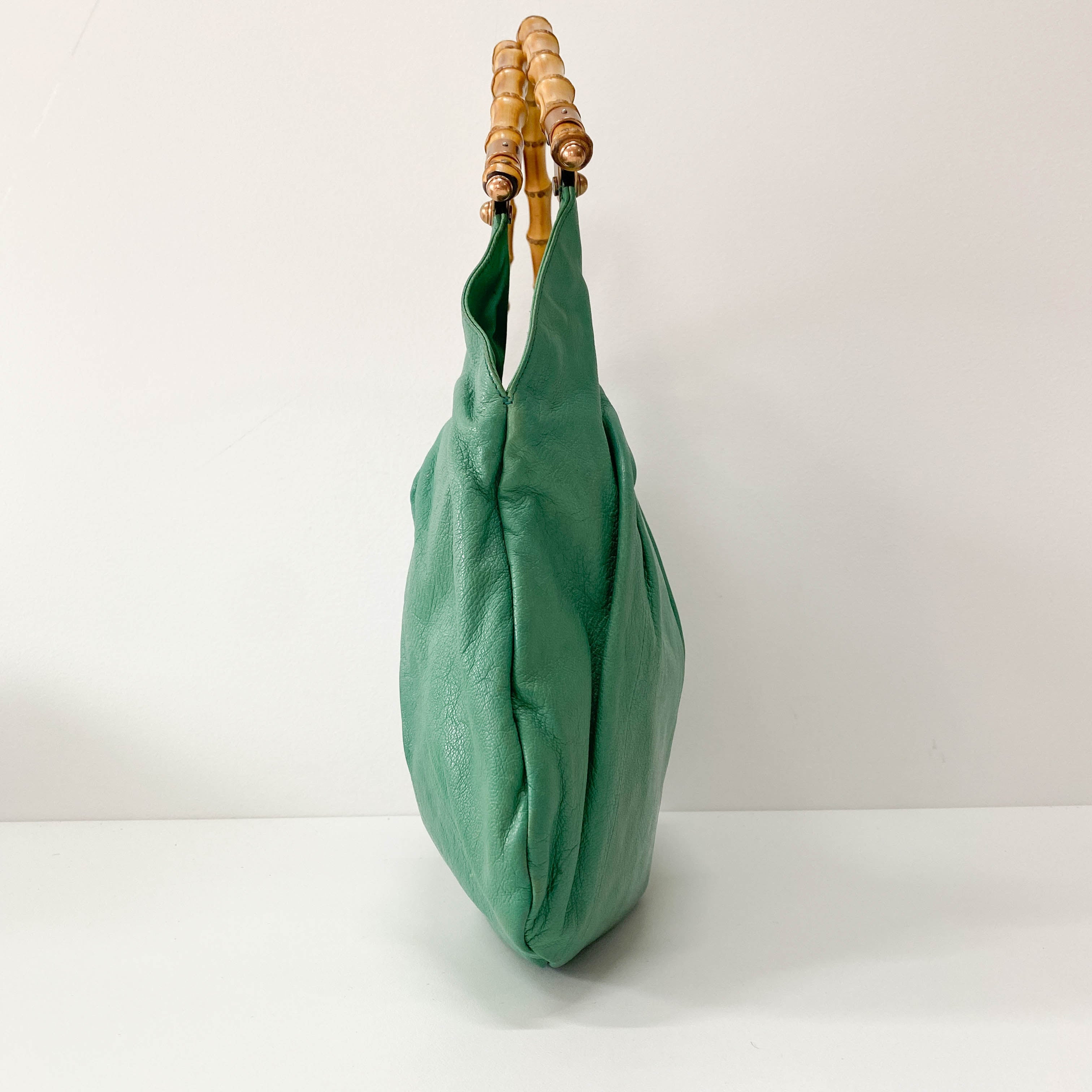 Bamboo Top Handle Green Leather Shoulder Bag