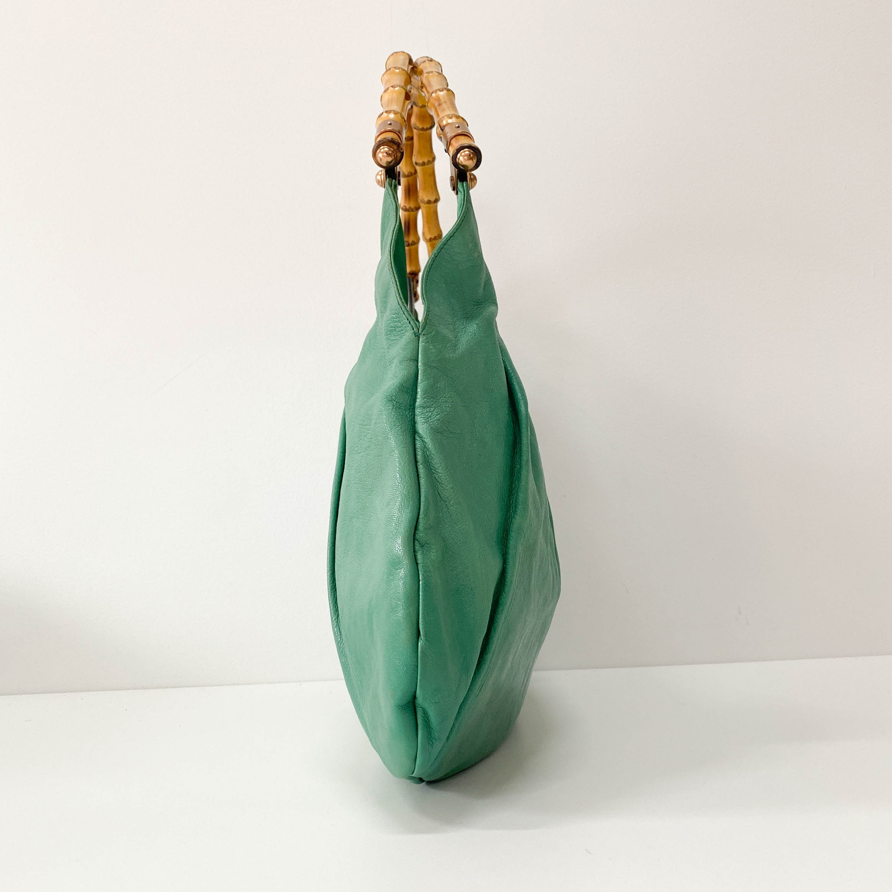 Bamboo Top Handle Green Leather Shoulder Bag