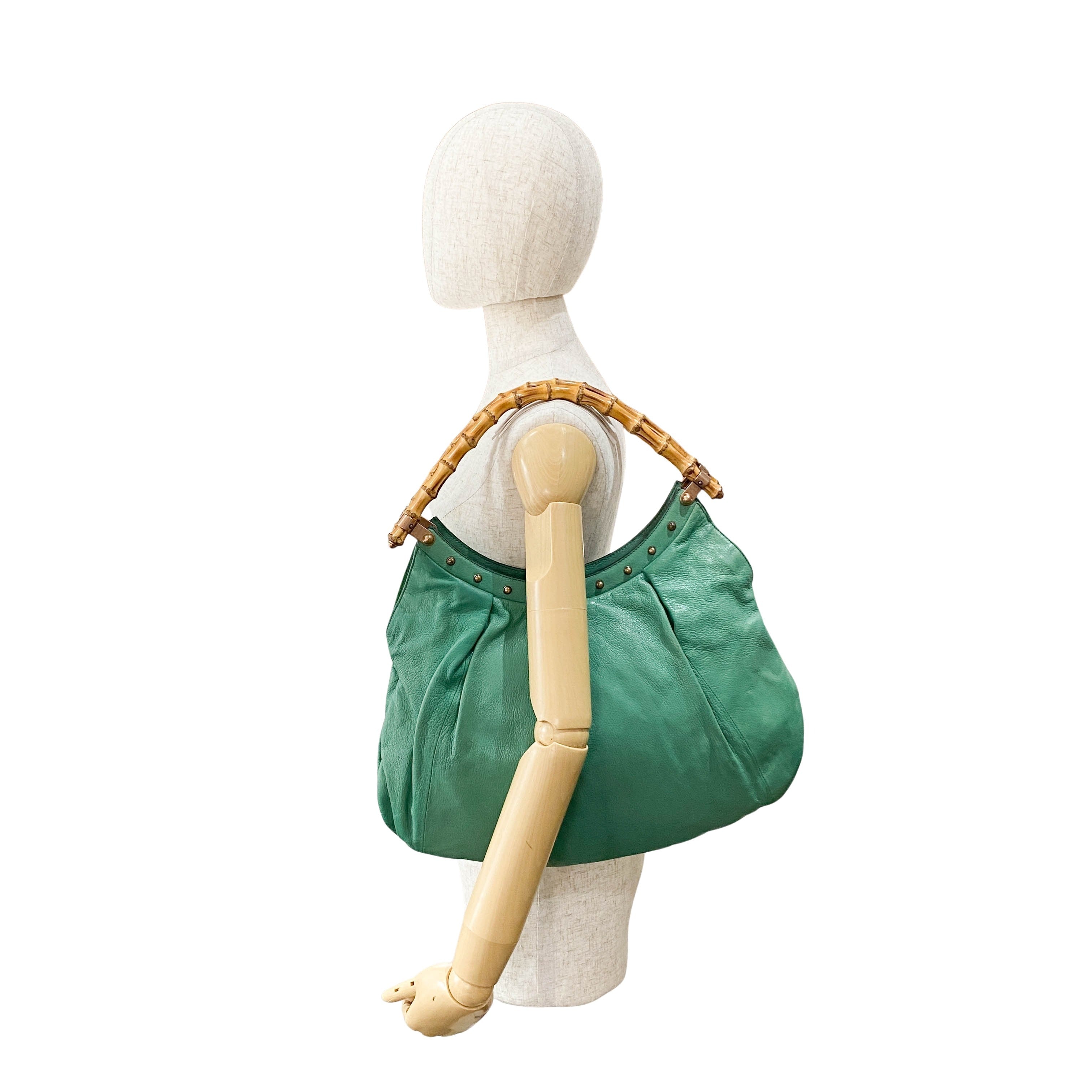 Bamboo Top Handle Green Leather Shoulder Bag