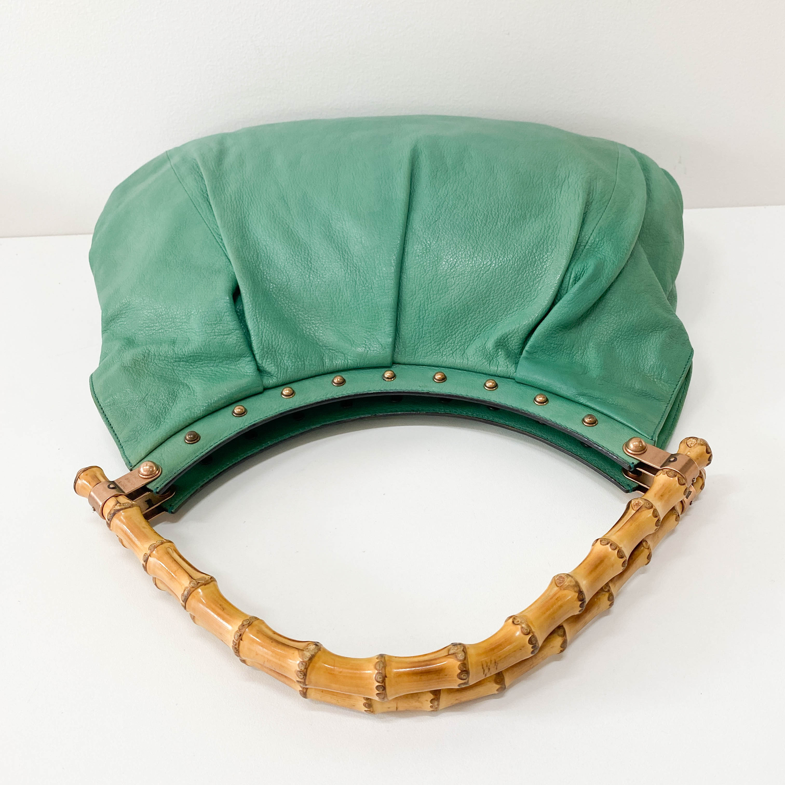 Bamboo Top Handle Green Leather Shoulder Bag