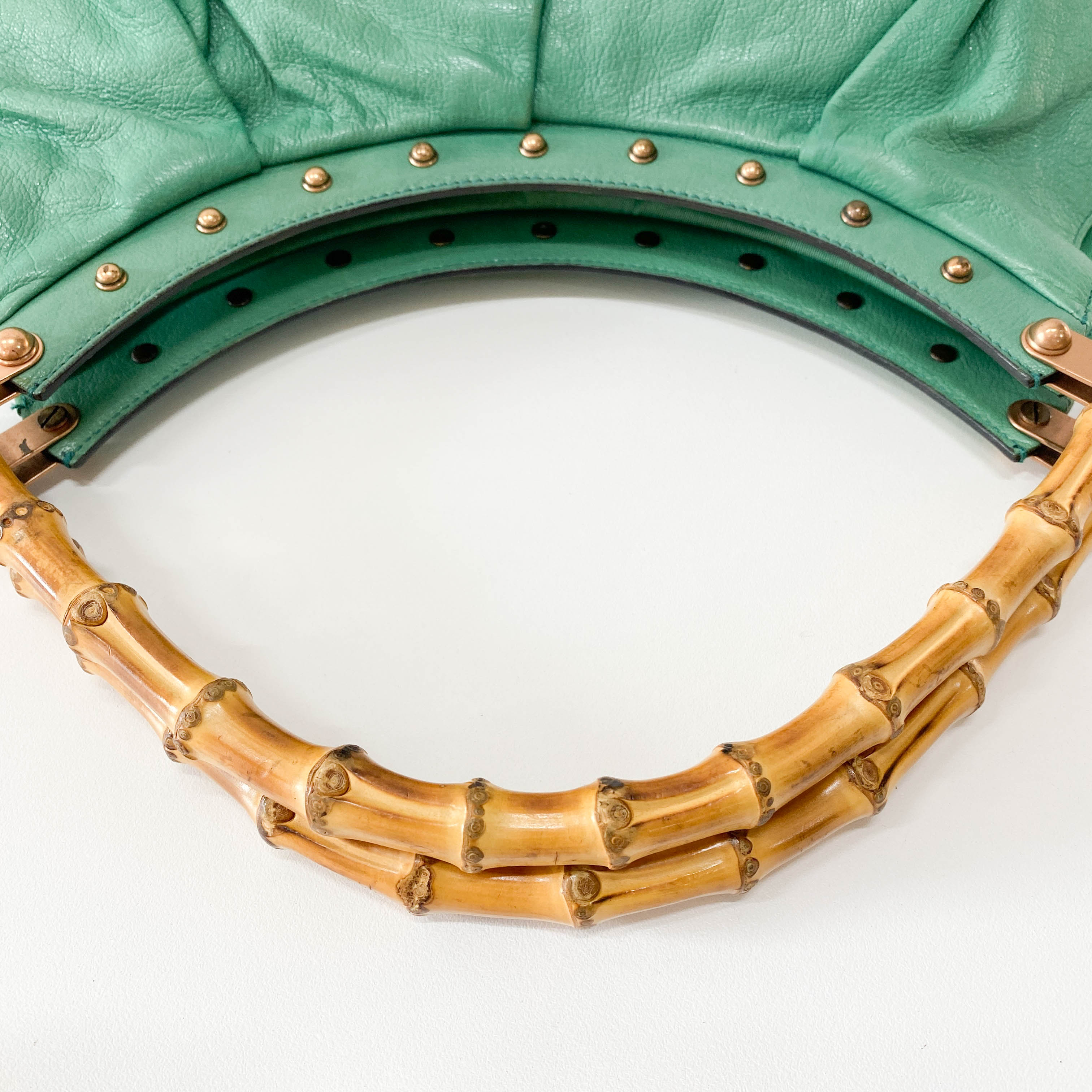 Bamboo Top Handle Green Leather Shoulder Bag