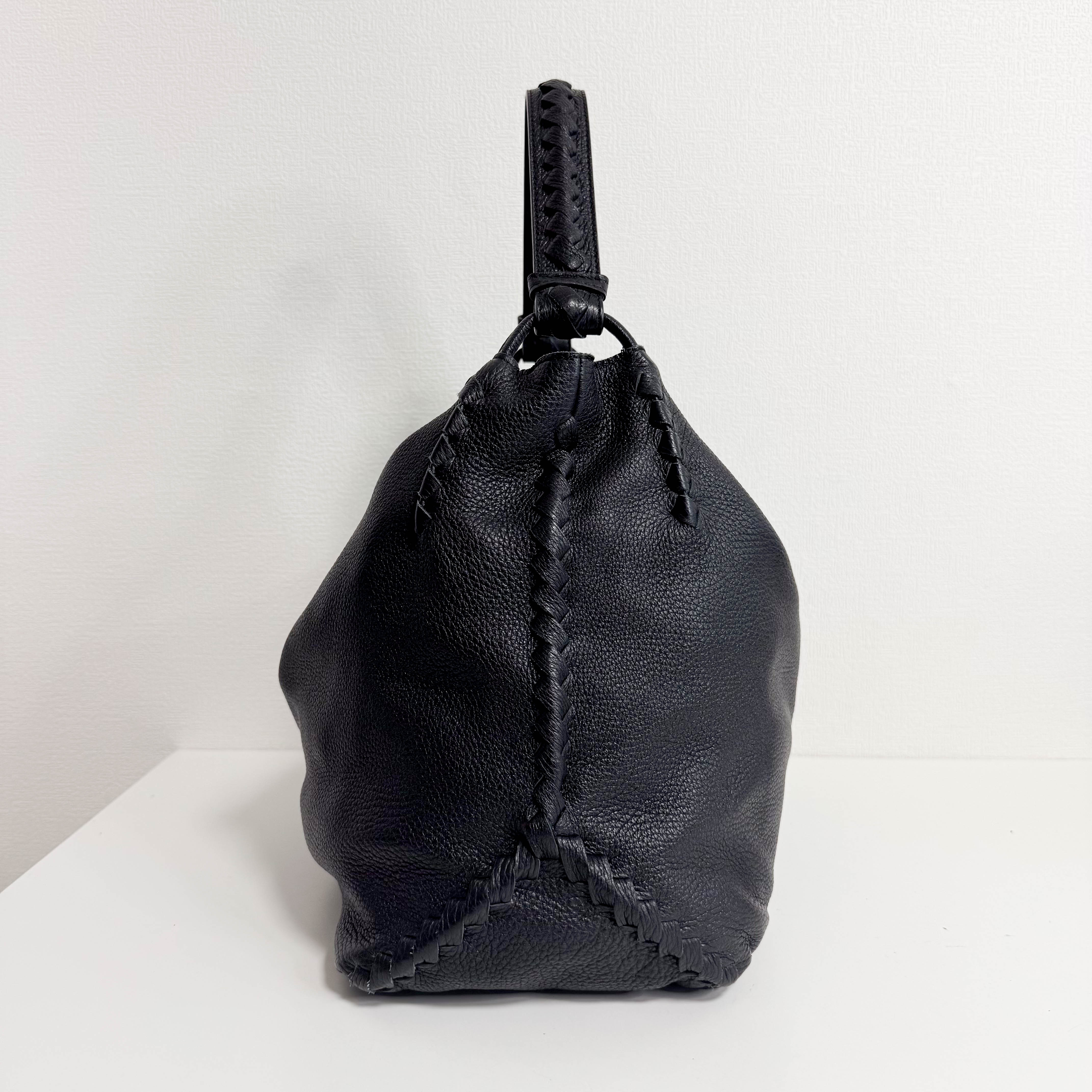 Black Leather Intrecciato Hobo Shoulder Bag