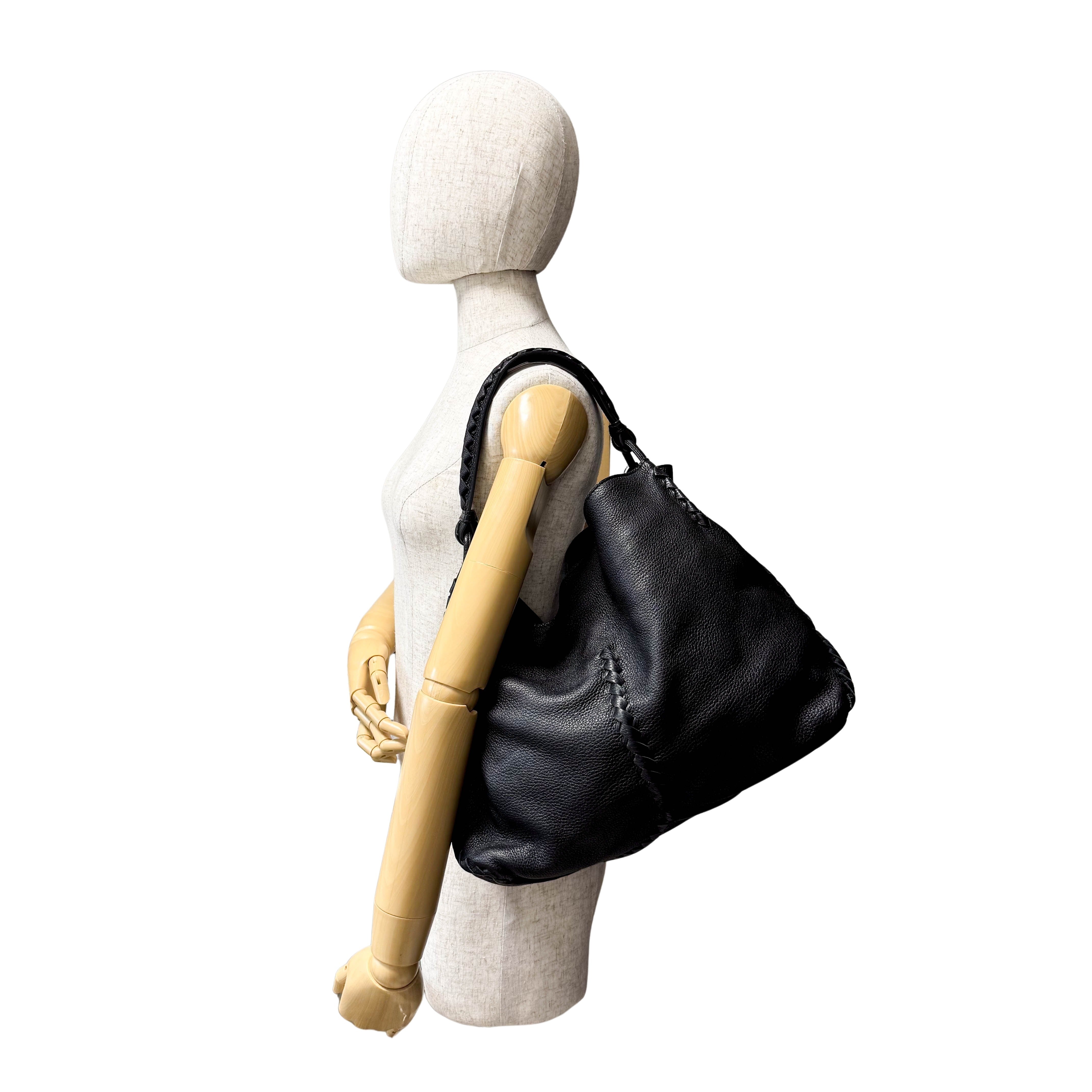 Black Leather Intrecciato Hobo Shoulder Bag