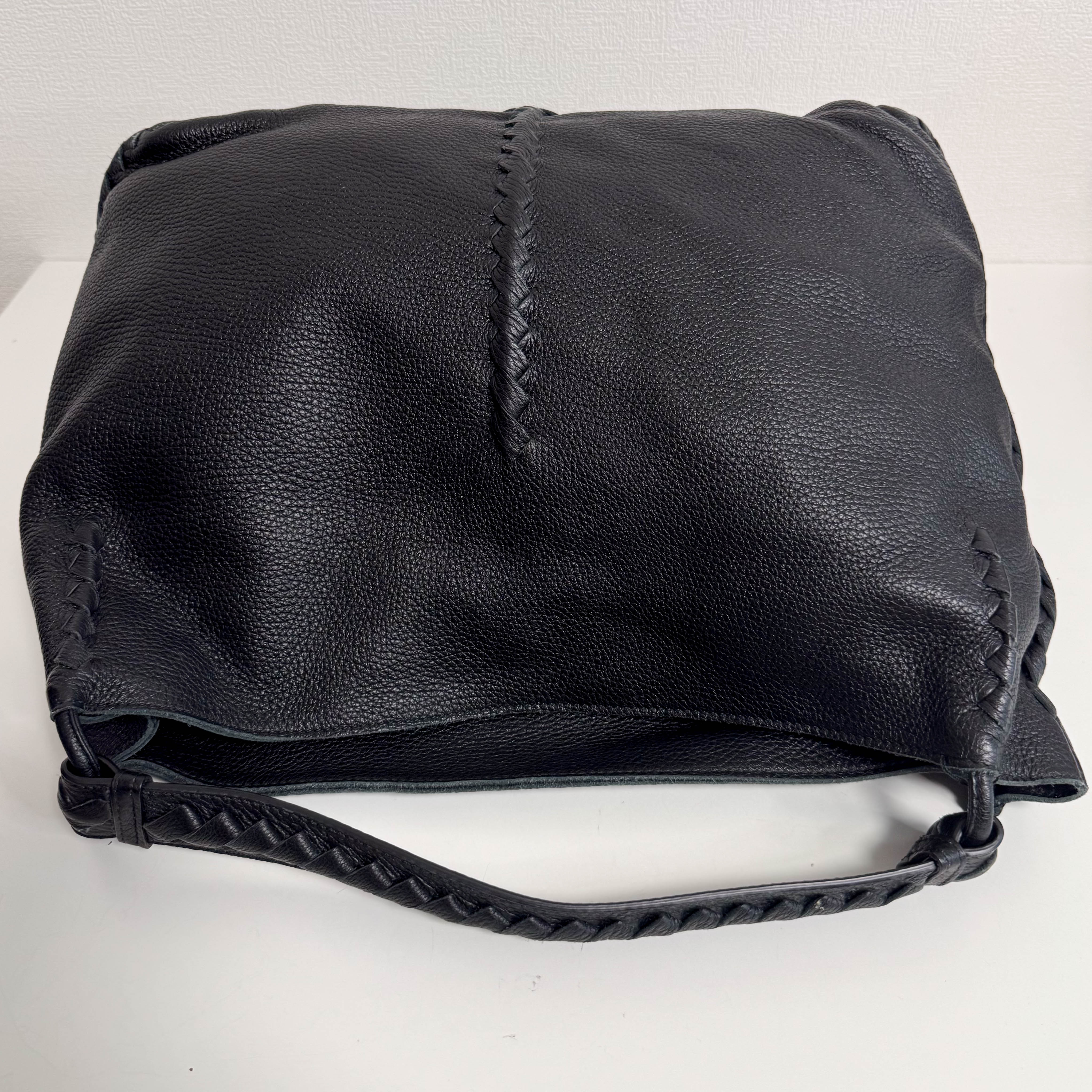 Black Leather Intrecciato Hobo Shoulder Bag