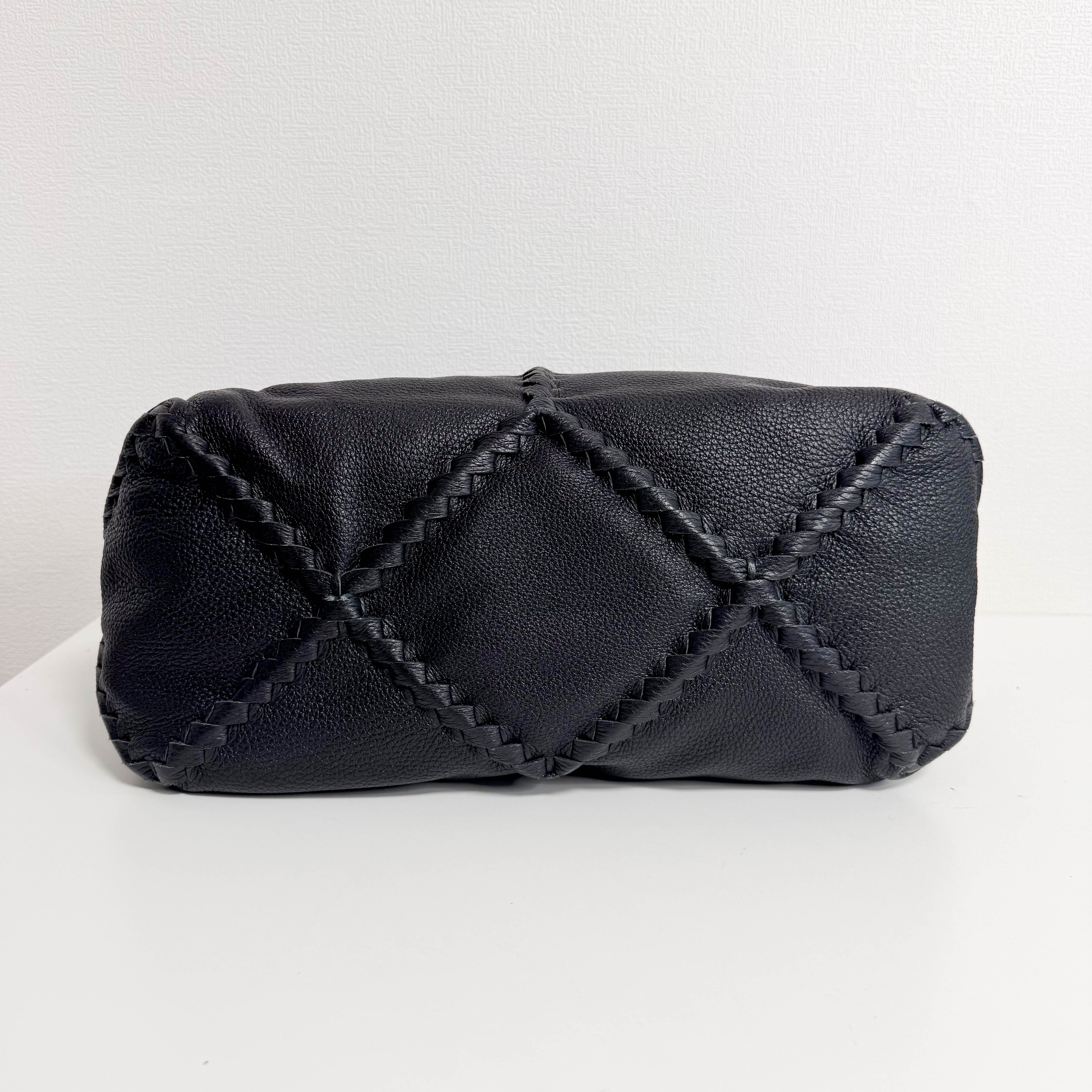 Black Leather Intrecciato Hobo Shoulder Bag