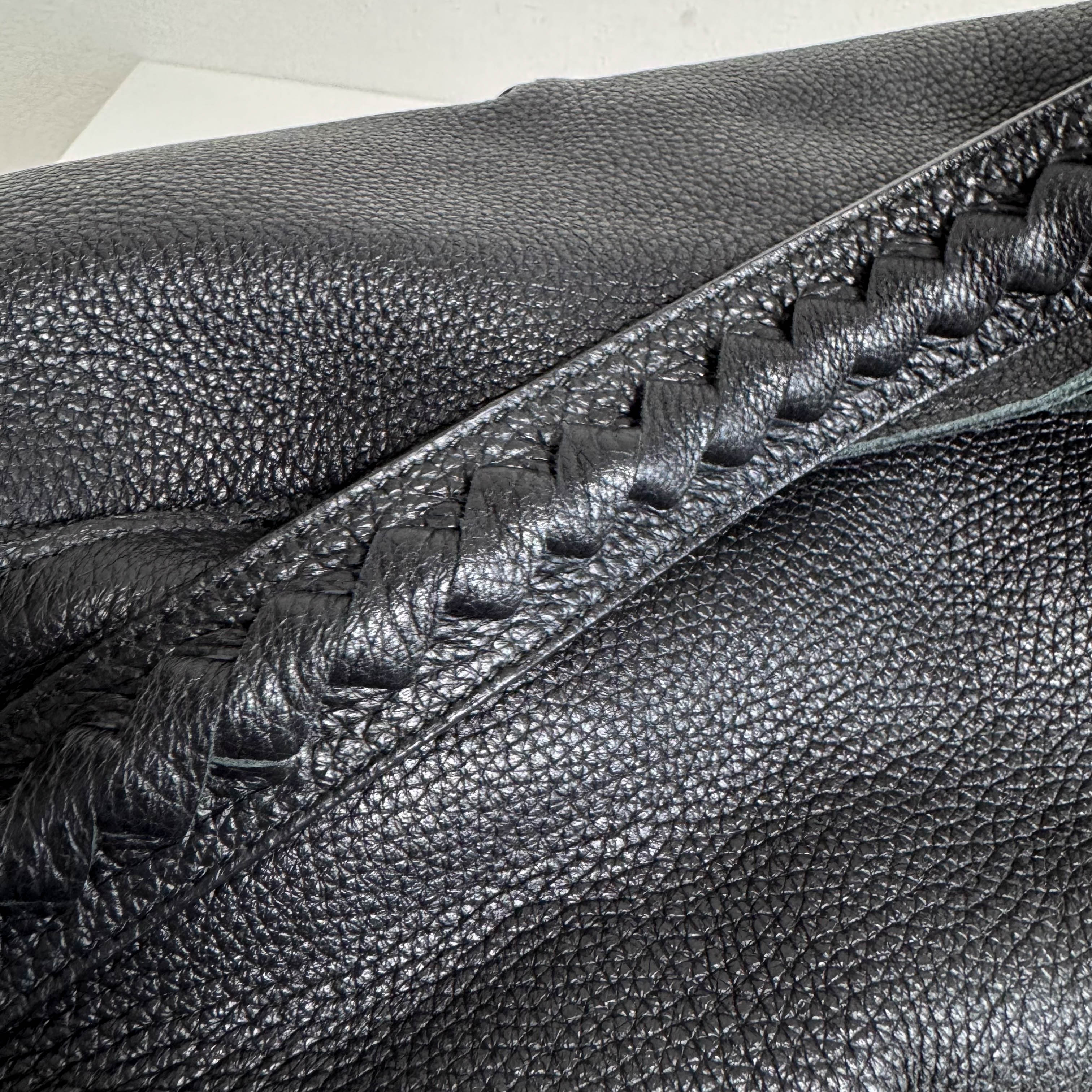 Black Leather Intrecciato Hobo Shoulder Bag