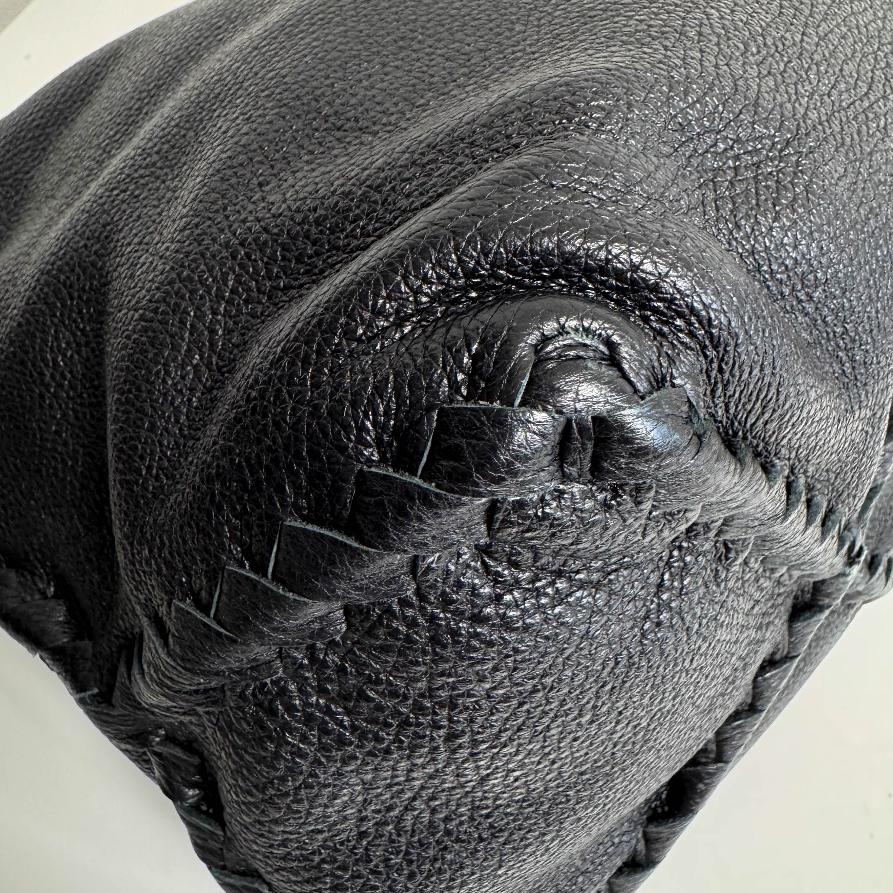 Black Leather Intrecciato Hobo Shoulder Bag