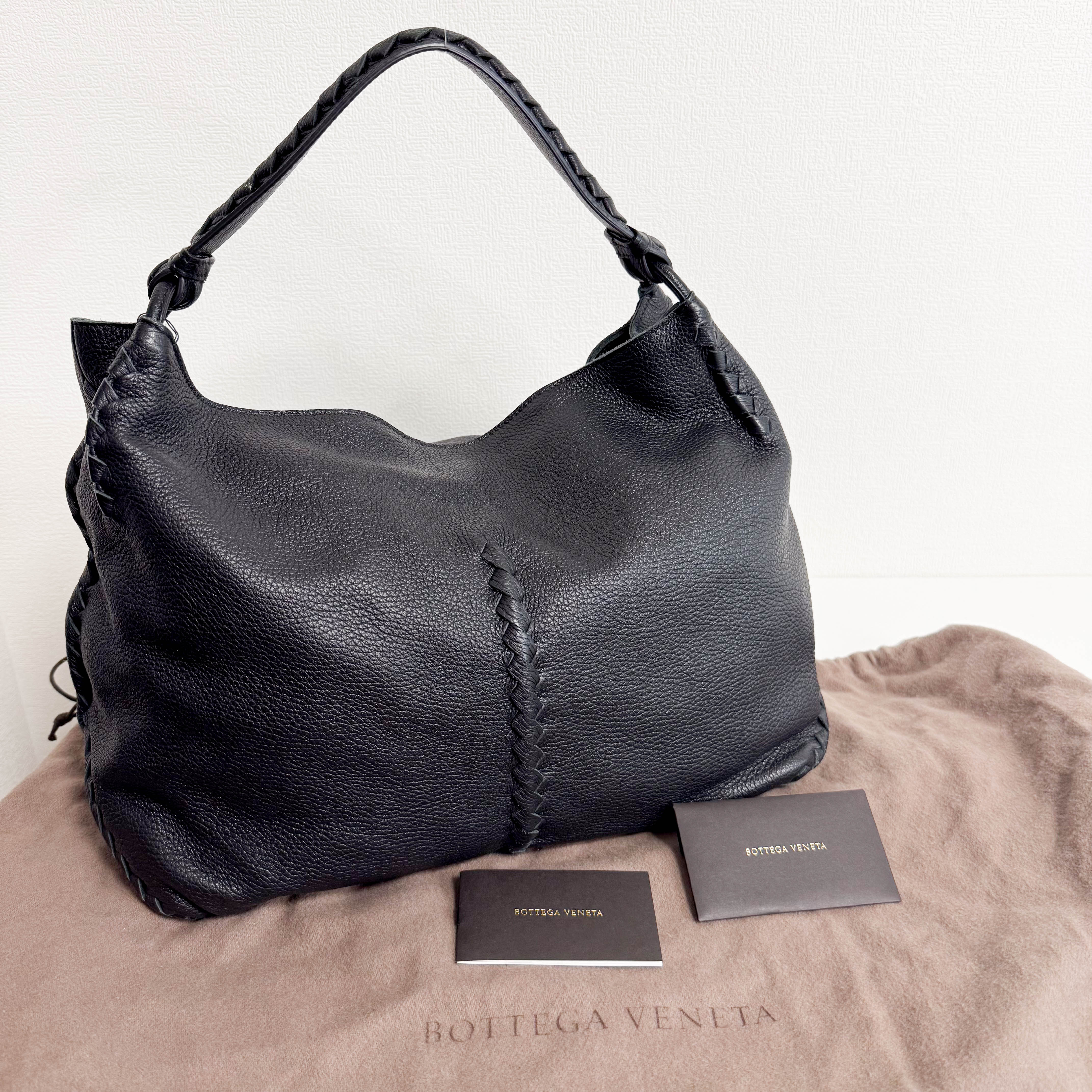 Black Leather Intrecciato Hobo Shoulder Bag