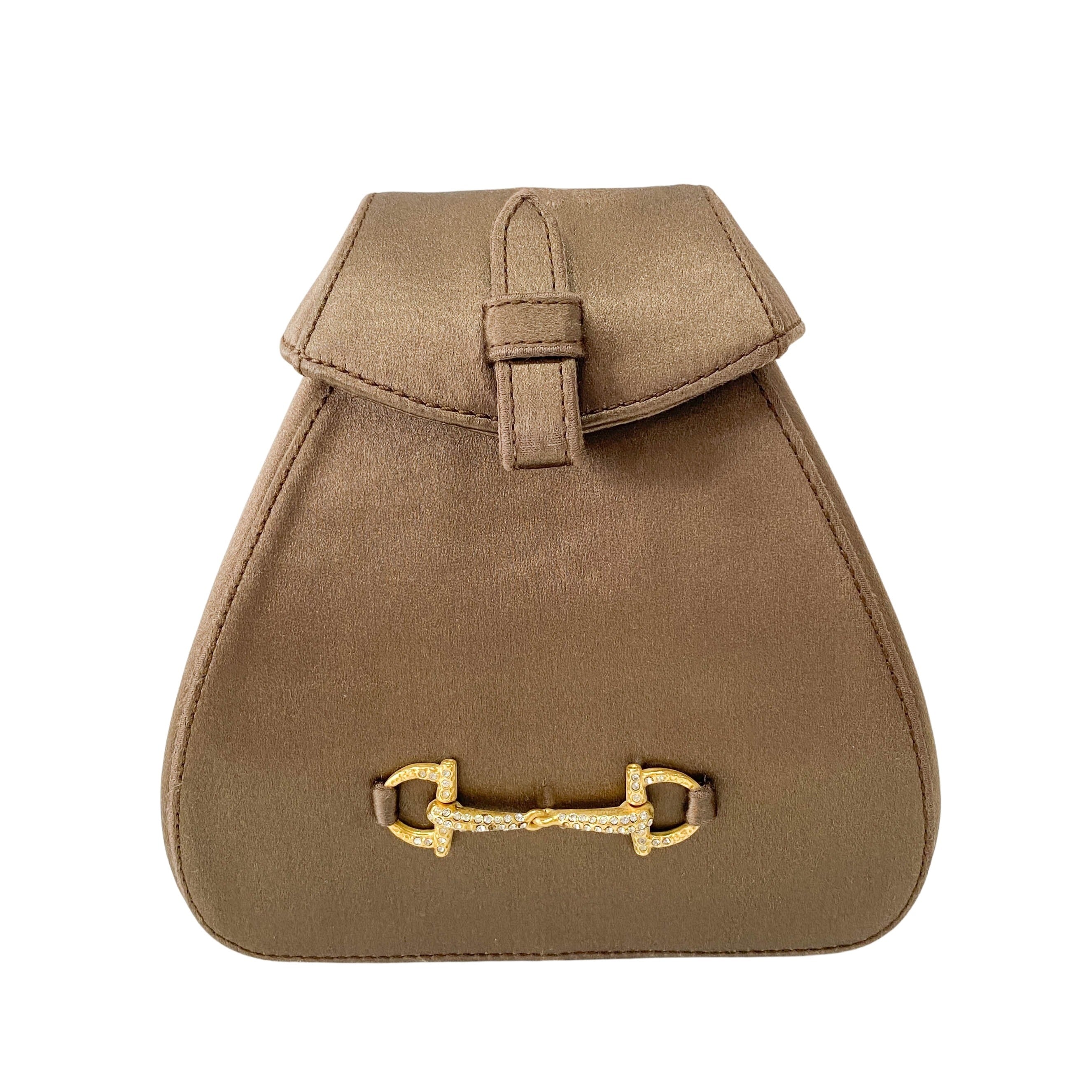 Old Gucci Brown Satin Shoulder Bag Rhinestone Horsebit Hardware