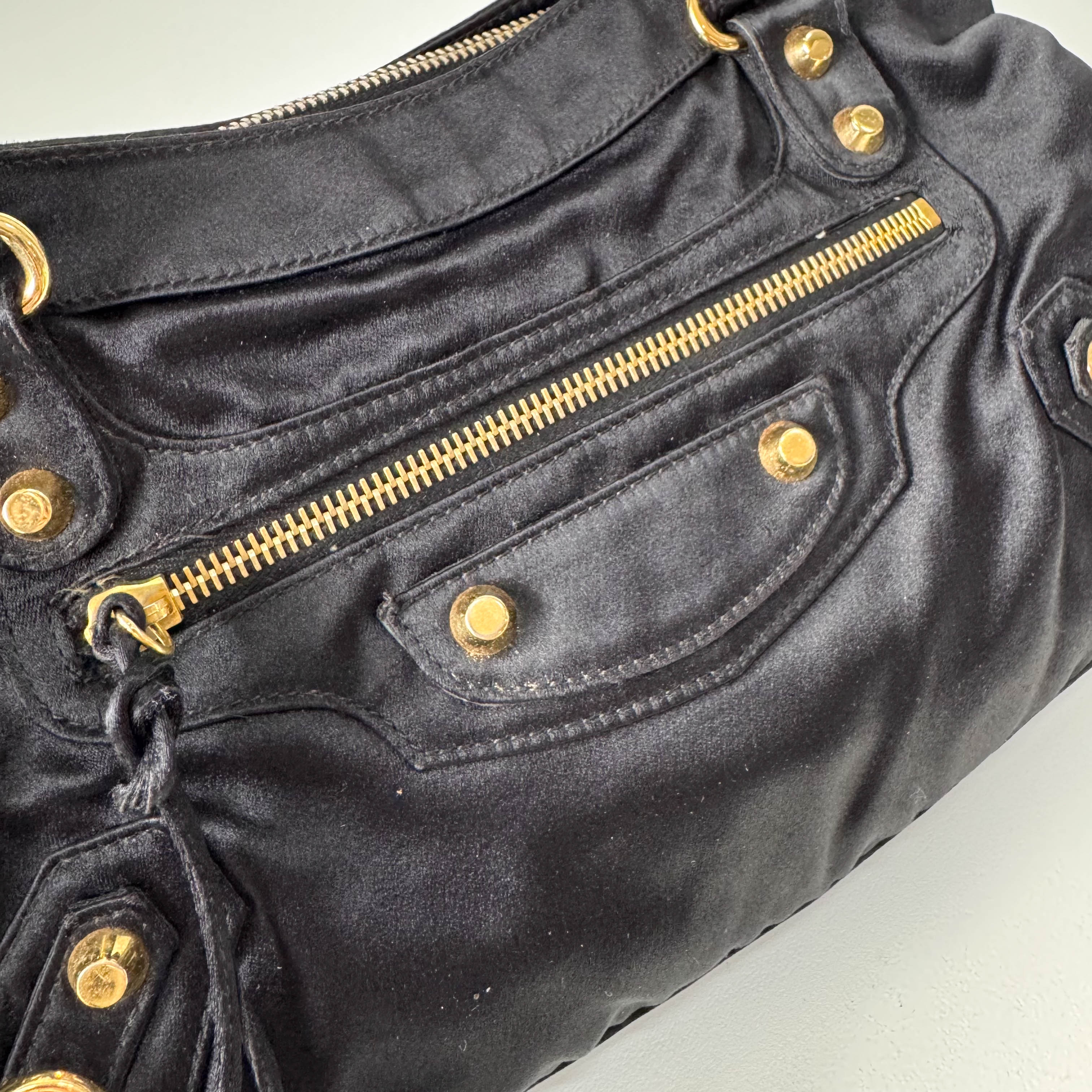 Small The First Black Satin Shoulder Bag