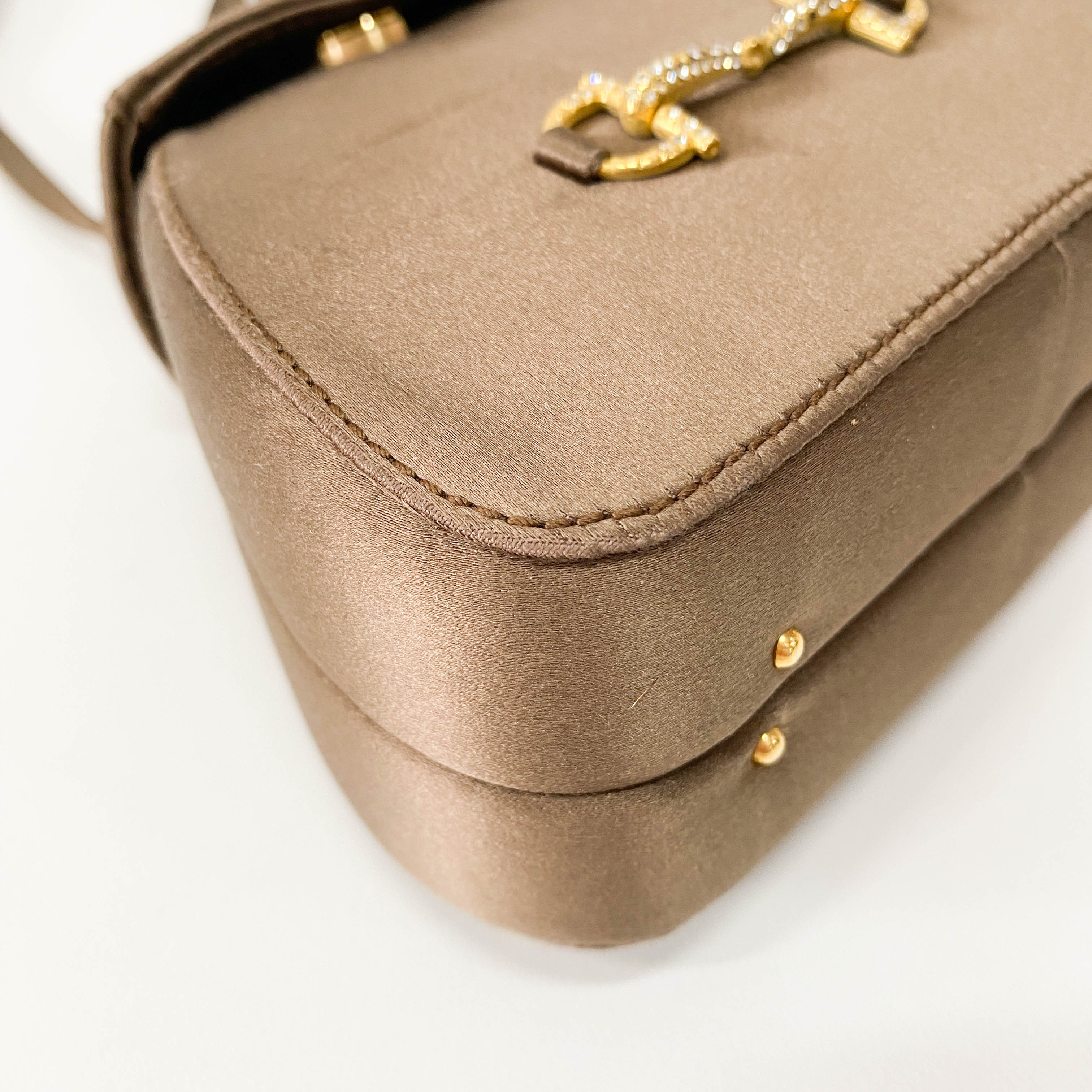 Old Gucci Brown Satin Shoulder Bag Rhinestone Horsebit Hardware