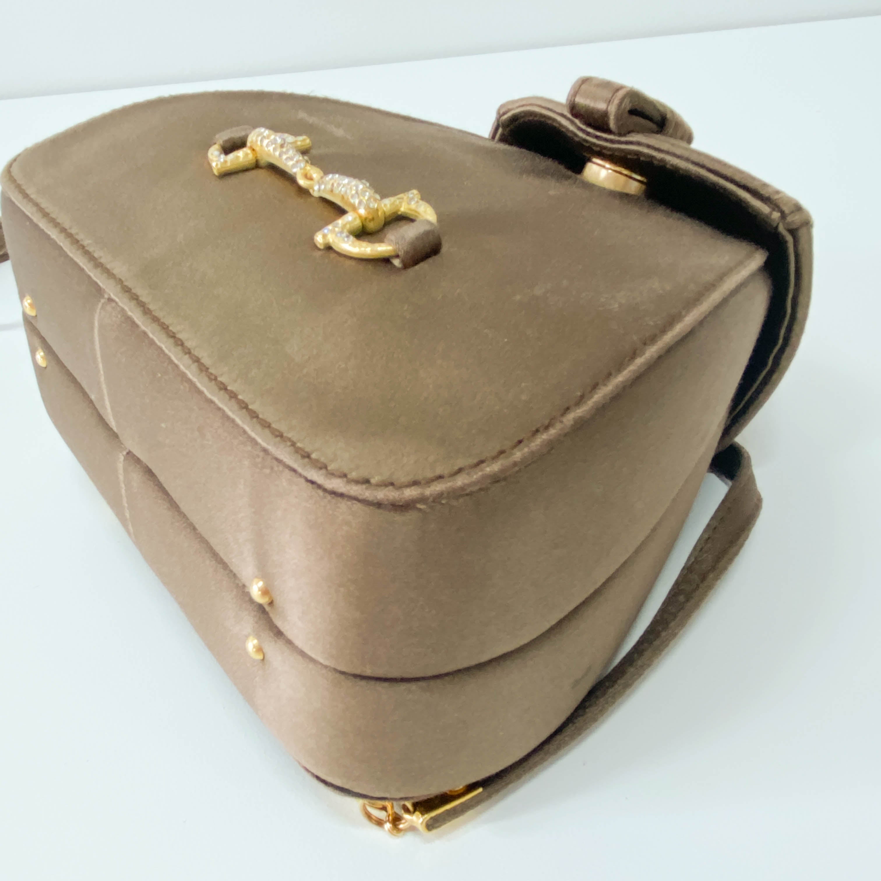 Old Gucci Brown Satin Shoulder Bag Rhinestone Horsebit Hardware