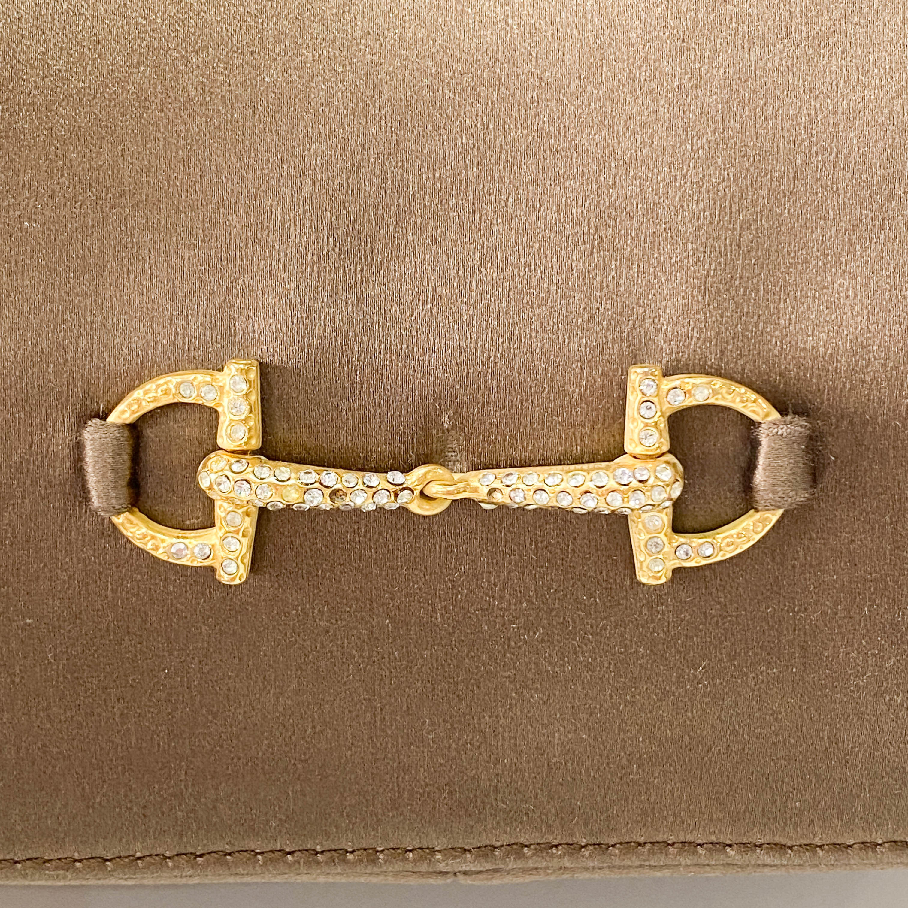 Old Gucci Brown Satin Shoulder Bag Rhinestone Horsebit Hardware