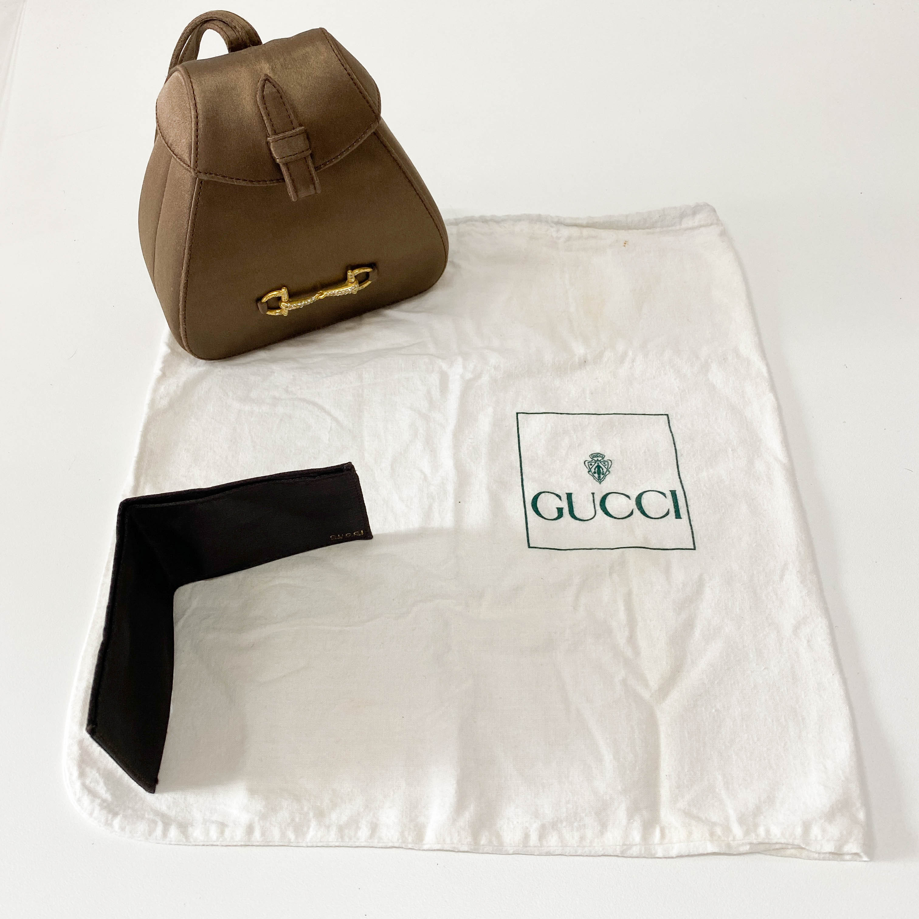 Old Gucci Brown Satin Shoulder Bag Rhinestone Horsebit Hardware