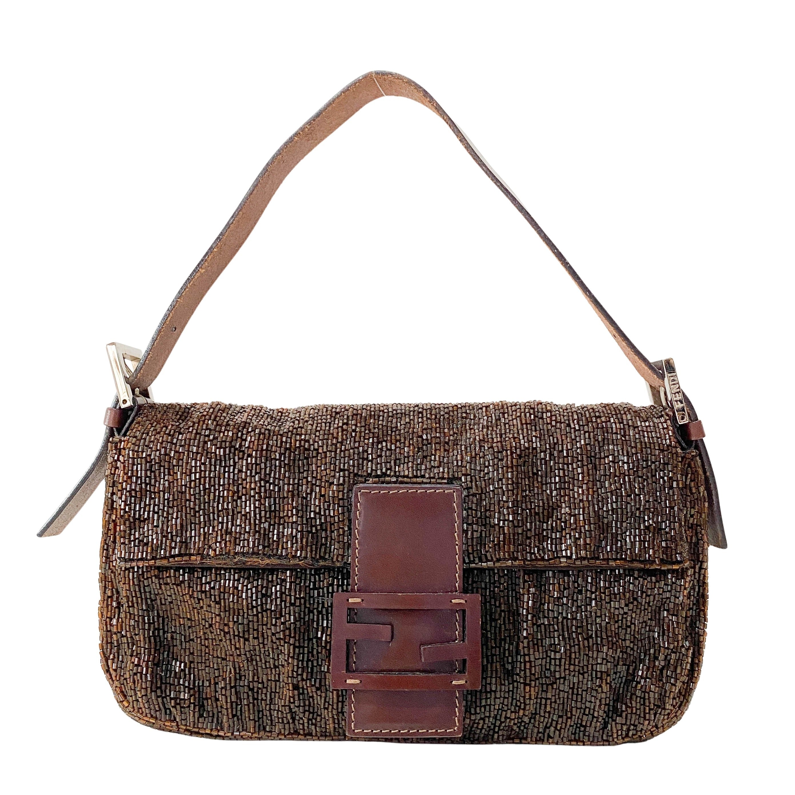 Baguette Brown Beaded Shoulder Bag