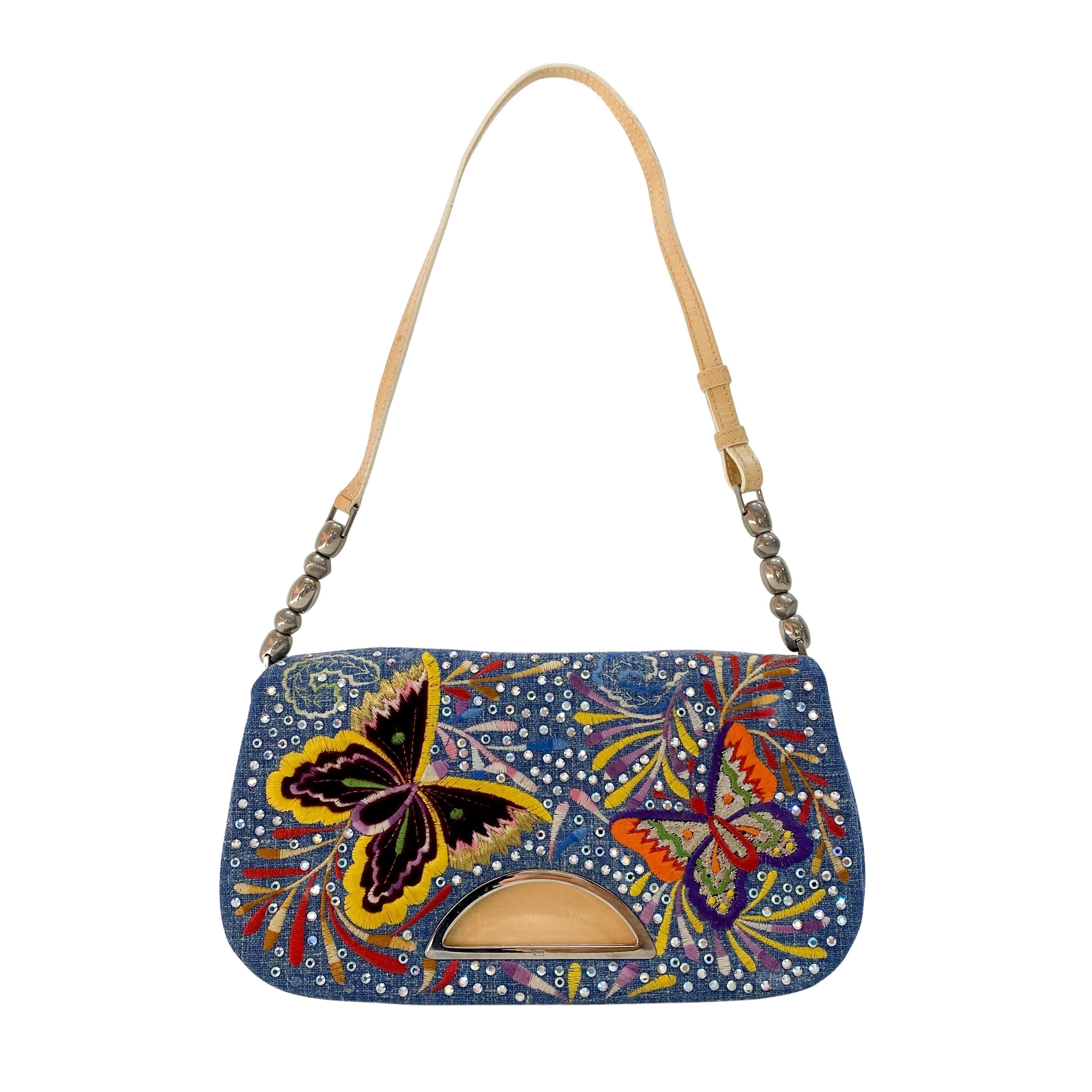 Malice Pearl Butterfly Denim and Rhinestones Bag