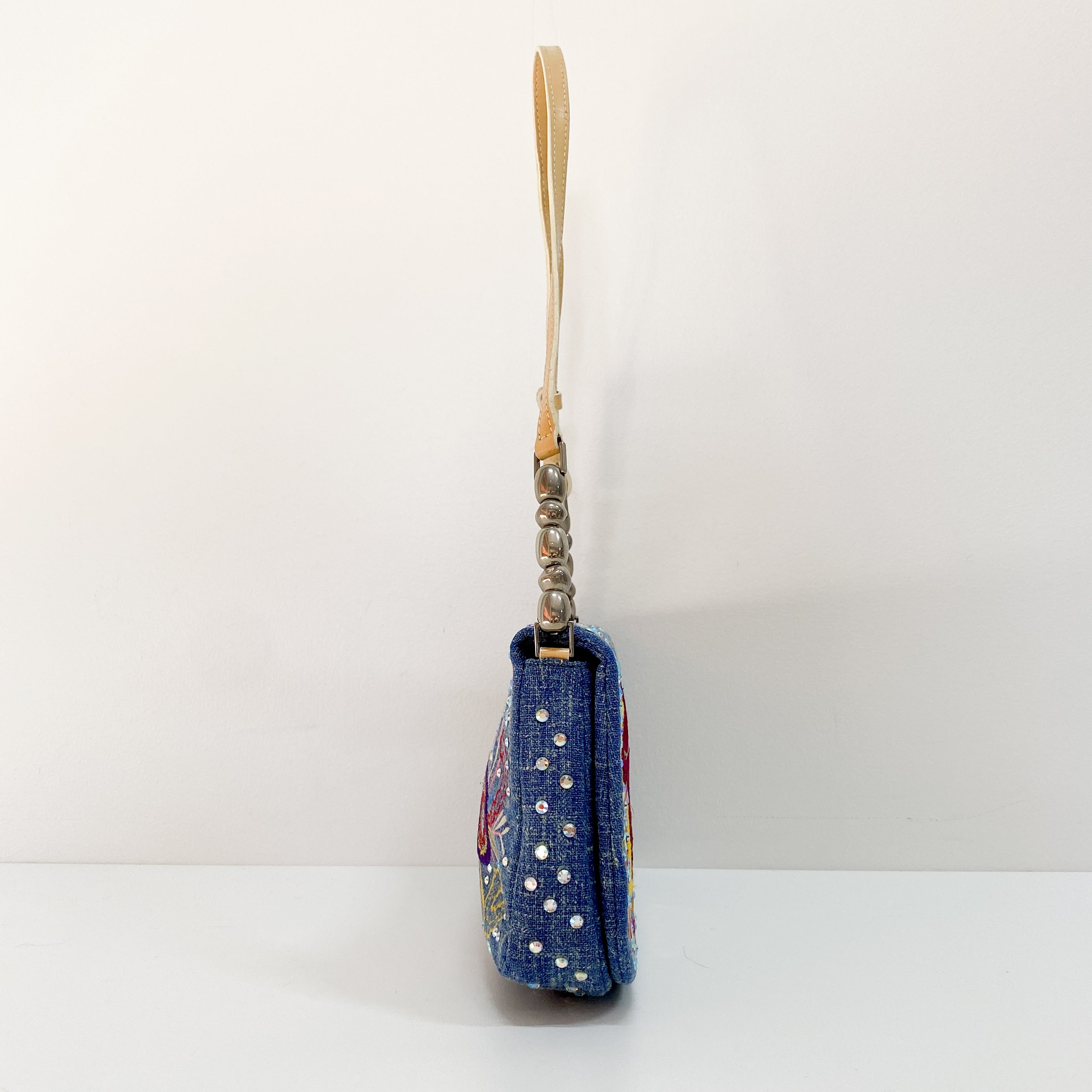 Malice Pearl Butterfly Denim and Rhinestones Bag