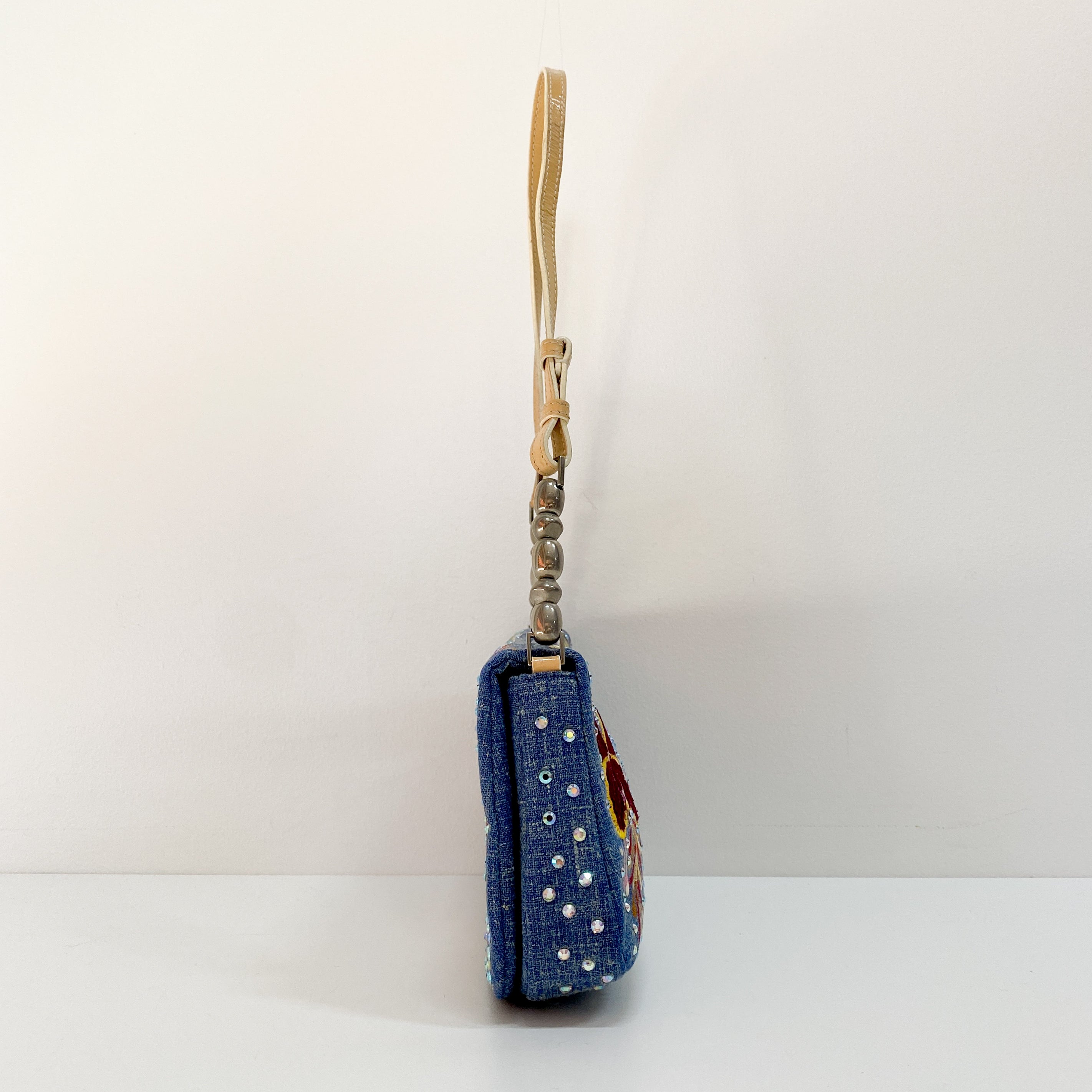 Malice Pearl Butterfly Denim and Rhinestones Bag